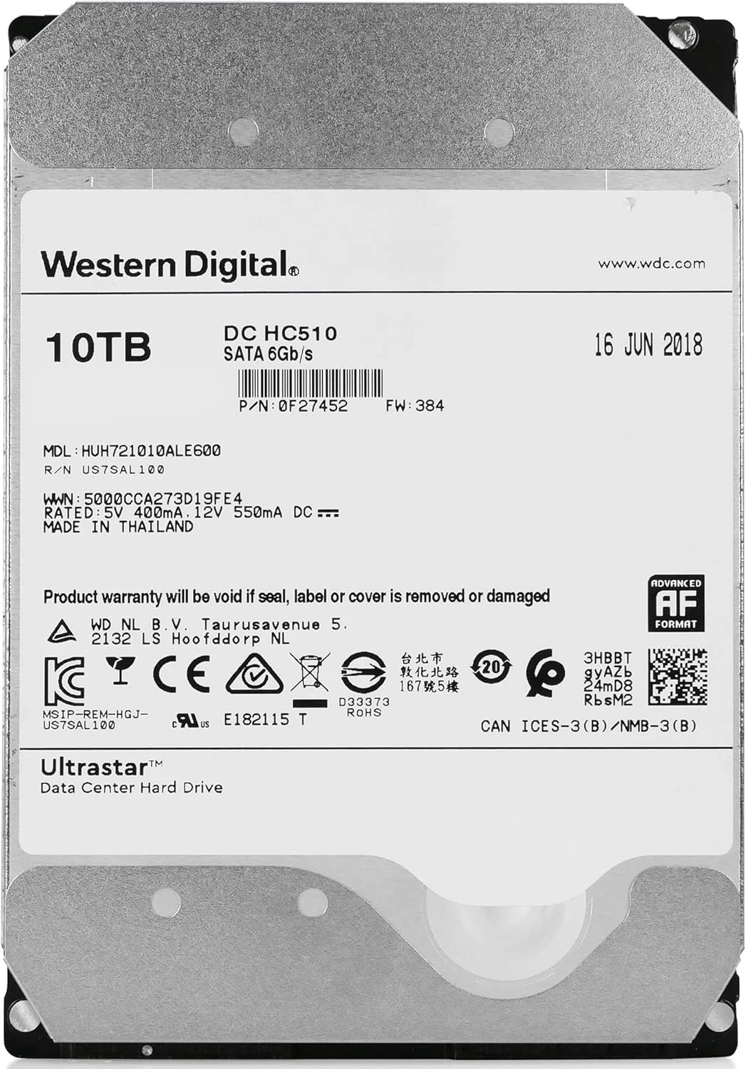 هارد دیسک HGST Ultrastar He10 | HUH721010ALE600 (0F27452) | Power Disable | ظرفیت 10 ترابایت، SATA 6.0Gb/s، سرعت 7200 دور در دقیقه، 256 مگابایت حافظه کش، 3.5 اینچ | 512e | هارد درایو Enterprise (بازسازی شده)