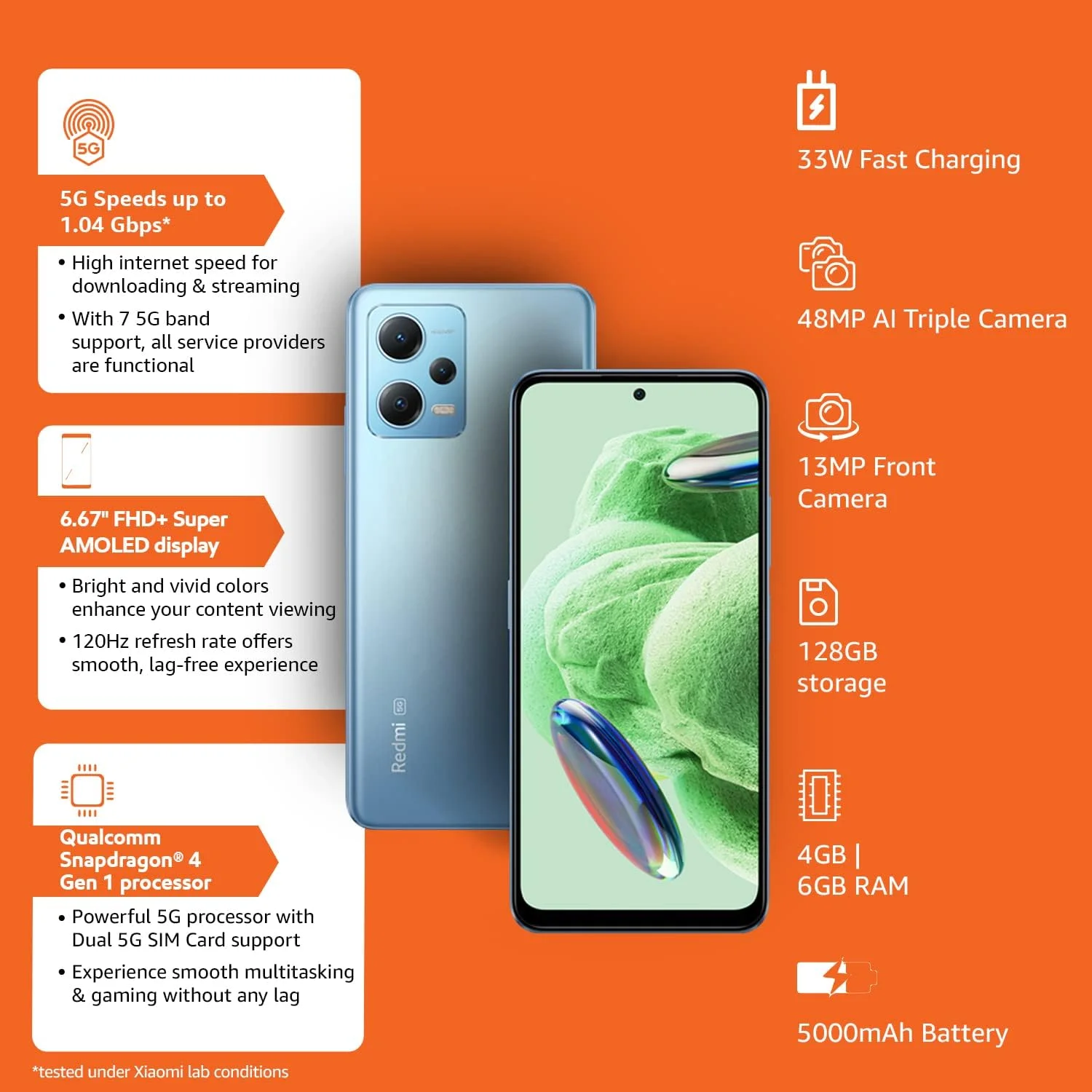 گوشی موبایل شیائومی Redmi Note 12 5G آبی عرفانی با 6 گیگابایت رم و 128 گیگابایت حافظه داخلی | اولین گوشی با نمایشگر 120 هرتز Super AMOLED و پردازنده Snapdragon® 4 Gen 1 | دوربین سه گانه 48 مگاپیکسلی AI