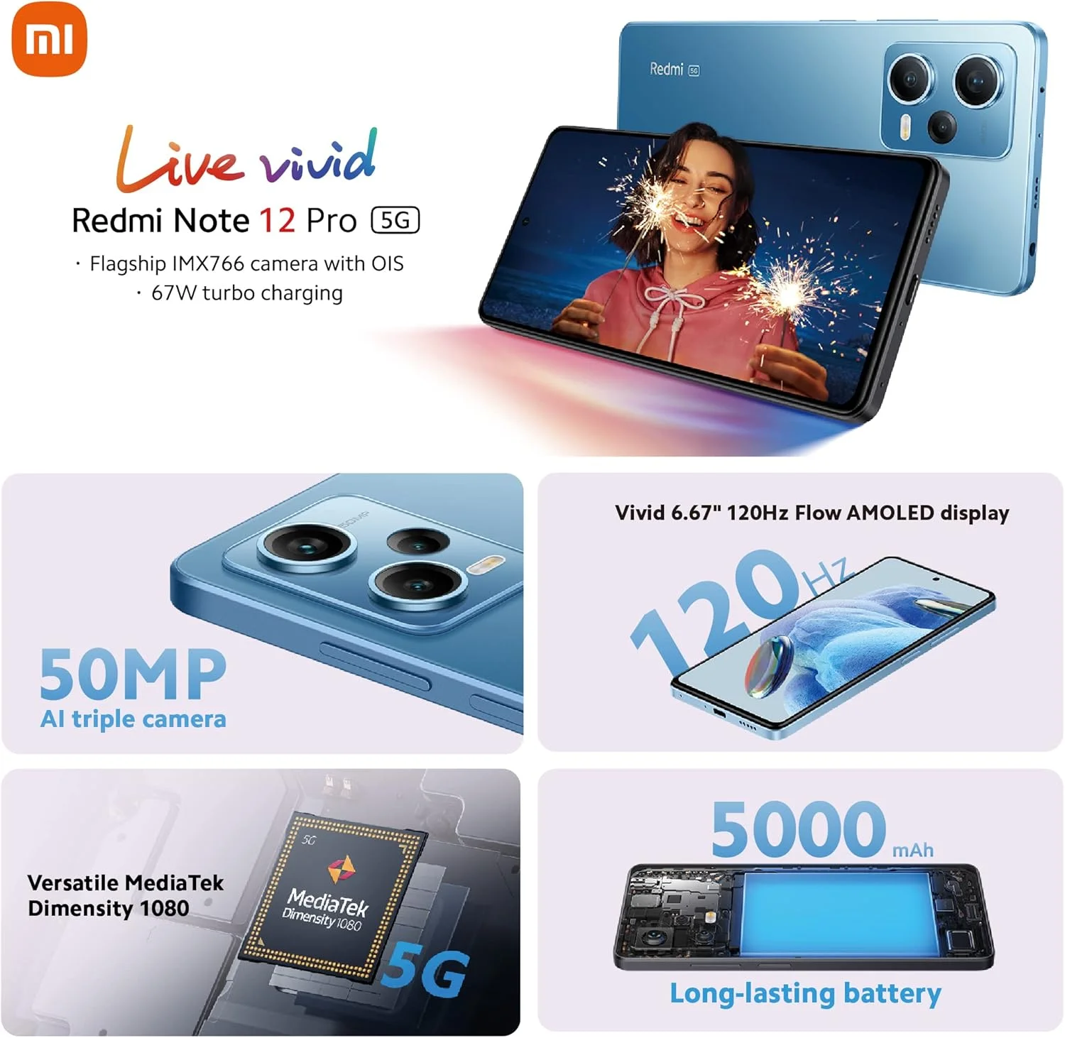 گوشی موبایل شیائومی Redmi Note 12 Pro دو سیم کارت 128 گیگابایت رام + 6 گیگابایت رم (فقط GSM | بدون CDMA) نسخه بین المللی آنلاک فکتوری 5G (مشکی اونیکس)