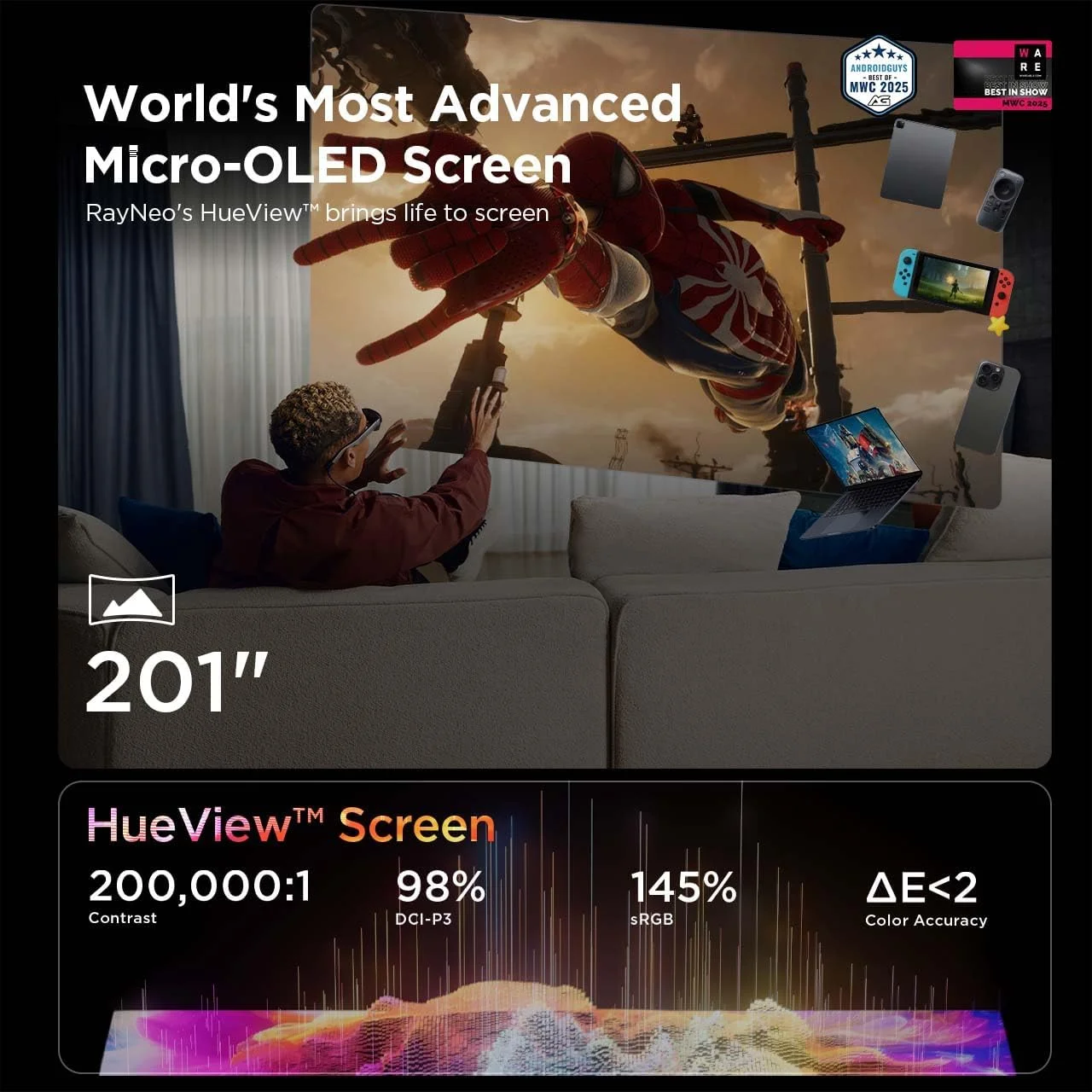 عینک واقعیت افزوده RayNeo Air 3s AR/XR، نمایشگر 201 اینچی 120 هرتز FHD HueView، عینک بازی ویدیویی واقعیت افزوده قابل حمل برای آیفون 16/15، اندروید، مک، سوییچ، PS5، استیم دک - سینمای پوشیدنی نسل بعدی