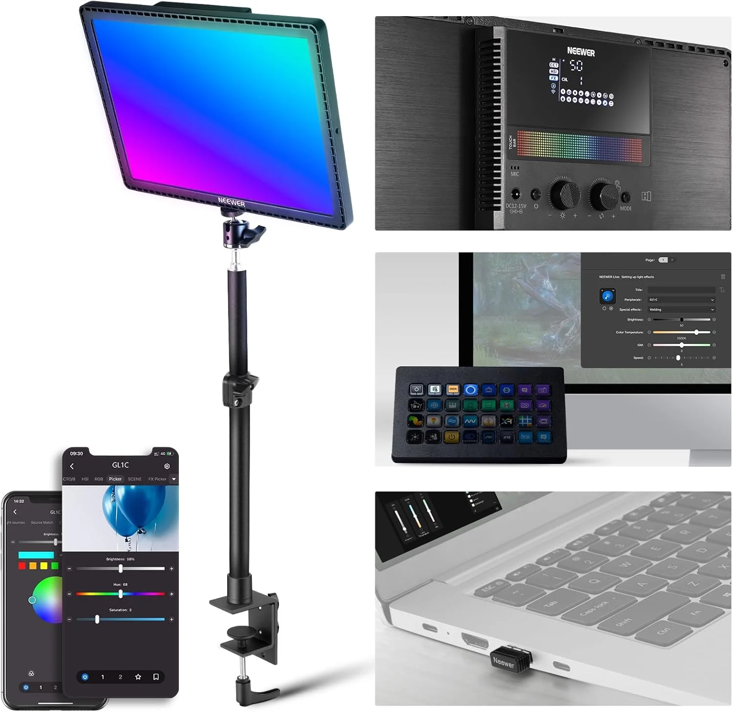 نور کلیدی RGB نیور GL1C 15.5 اینچی، پنل LED نرم لبه روشن 48 واتی برای استریمینگ و نورپردازی گیمینگ با کنترل از طریق برنامه 2.4G PC/Mac iOS/Android/WiFi/Stream Deck، نوار لمسی، 2900K-7000K، همگام سازی موسیقی، 18 صحنه