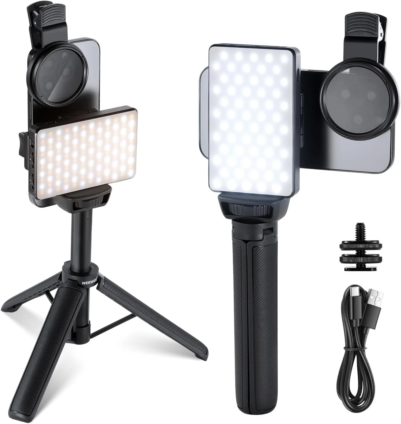 نور سلفی و تاتو LED مدل NEEWRE BASICS سازگار با آیفون، دارای گیره فیلتر CPL/پایه سه پایه/نگهدارنده تلفن، نور پرکننده حذف انعکاس برای عکاسی و فیلمبرداری هنری، غذا، جواهرات، ST120B