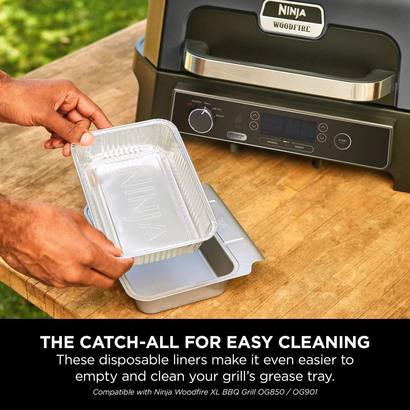 لاینرهای سینی چربی بزرگ Ninja Woodfire XL، بسته 20 عددی، لاینرهای یکبار مصرف فویل برای گرفتن چربی، لوازم جانبی رسمی، سازگار با گریل باربیکیو Ninja Woodfire XL OG850 / OG901، مشکی، XSKOGXLGTLNEU