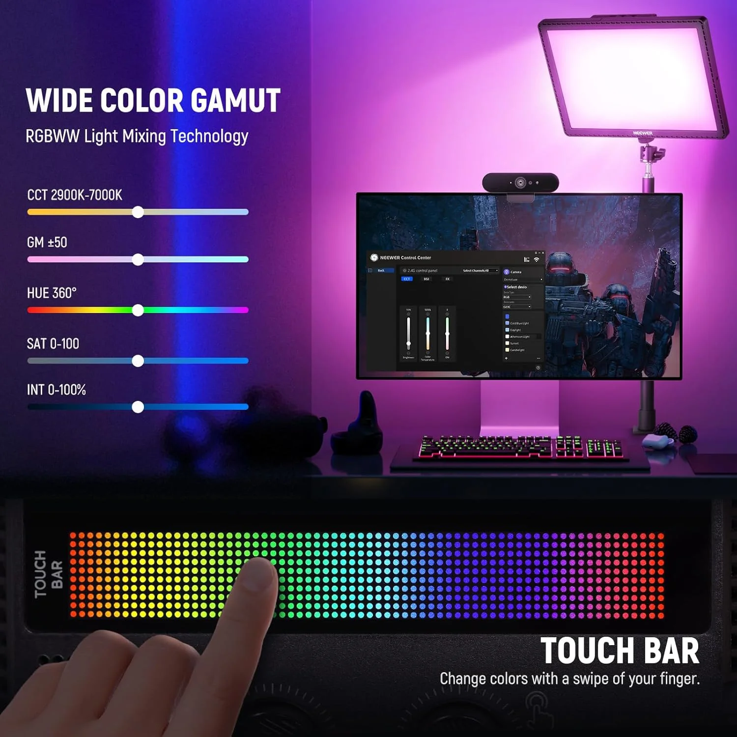 نور کلیدی RGB نیور GL1C 15.5 اینچی، پنل LED نرم لبه روشن 48 واتی برای استریمینگ و نورپردازی گیمینگ با کنترل از طریق برنامه 2.4G PC/Mac iOS/Android/WiFi/Stream Deck، نوار لمسی، 2900K-7000K، همگام سازی موسیقی، 18 صحنه نور کلیدی RGB نیور GL1C 15.5 اینچی، پنل LED نرم لبه روشن 48 واتی برای استریمینگ و نورپردازی گیمینگ با کنترل از طریق برنامه 2.4G PC/Mac iOS/Android/WiFi/Stream Deck، نوار لمسی، 2900K-7000K، همگام سازی موسیقی، 18 صحنه