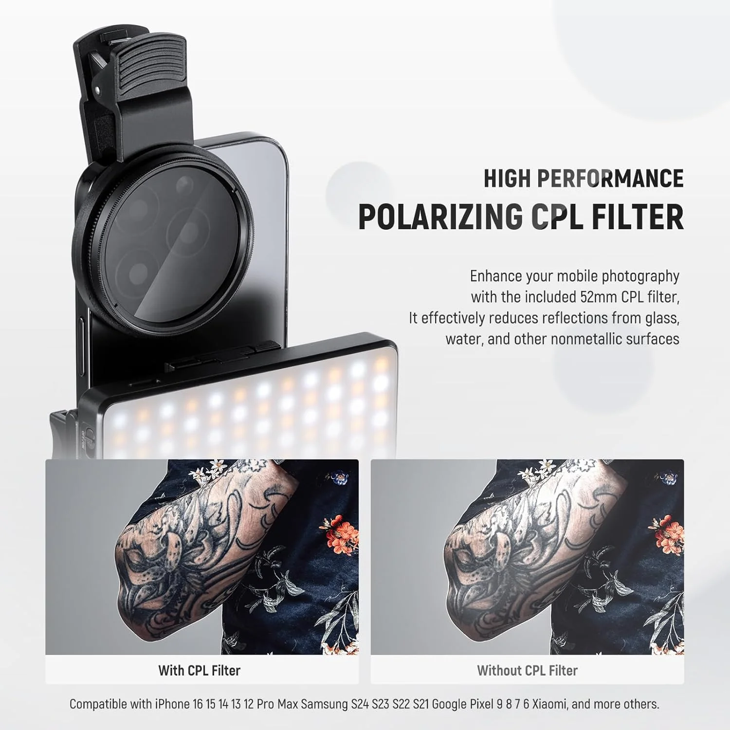 نور سلفی و تاتو LED مدل NEEWRE BASICS سازگار با آیفون، دارای گیره فیلتر CPL/پایه سه پایه/نگهدارنده تلفن، نور پرکننده حذف انعکاس برای عکاسی و فیلمبرداری هنری، غذا، جواهرات، ST120B