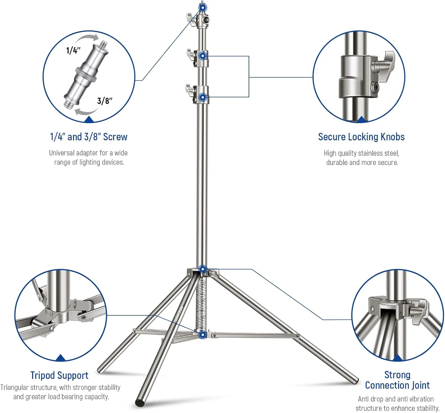پایه نور استیل 2.2 متری NEEWER، سه پایه فنری سنگین عکاسی با آداپتور پیچ 1/4 اینچ به 3/8 اینچ برای فلاش، نور ویدئویی LED، رینگ لایت، مونولایت، سافت باکس پایه نور استیل 2.2 متری NEEWER، سه پایه فنری سنگین عکاسی با آداپتور پیچ 1/4 اینچ به 3/8 اینچ برای فلاش، نور ویدئویی LED، رینگ لایت، مونولایت، سافت باکس