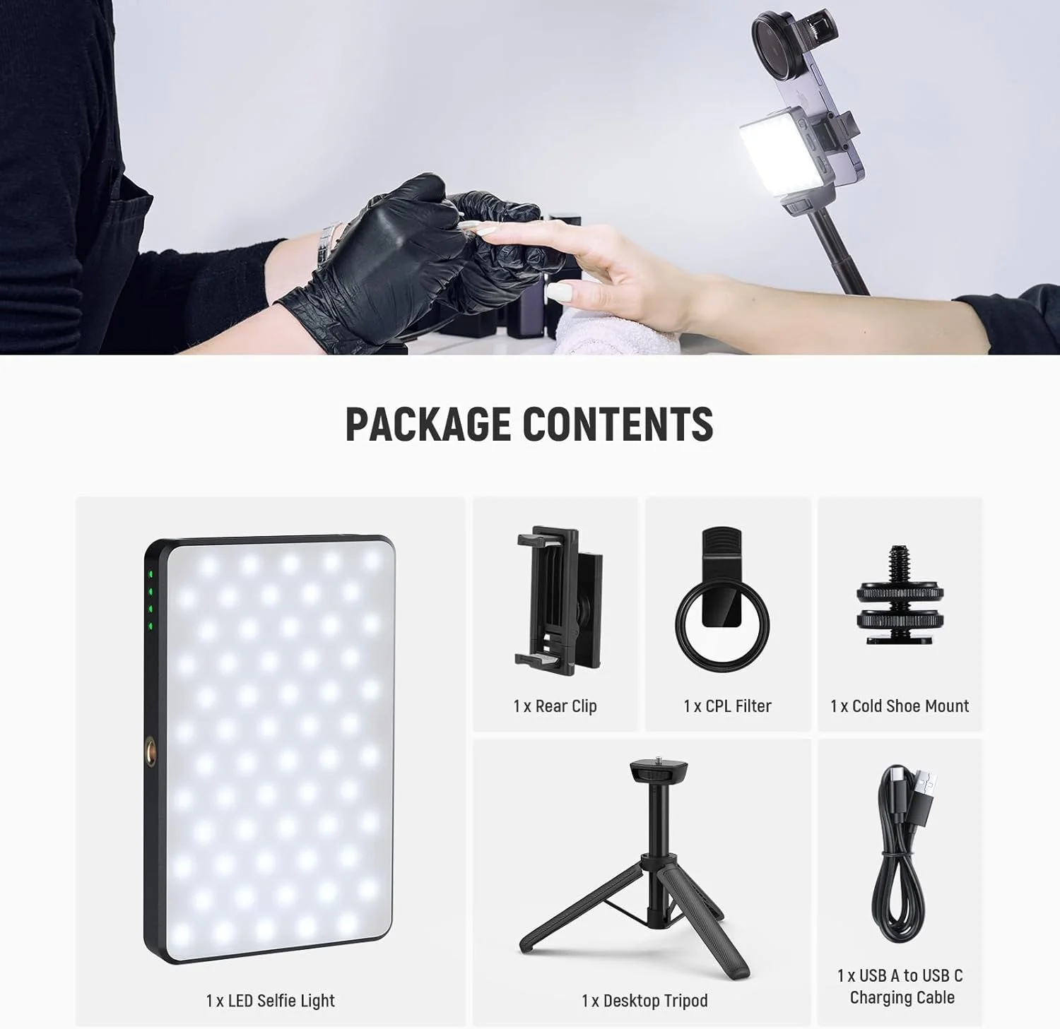 نور سلفی و تاتو LED مدل NEEWRE BASICS سازگار با آیفون، دارای گیره فیلتر CPL/پایه سه پایه/نگهدارنده تلفن، نور پرکننده حذف انعکاس برای عکاسی و فیلمبرداری هنری، غذا، جواهرات، ST120B