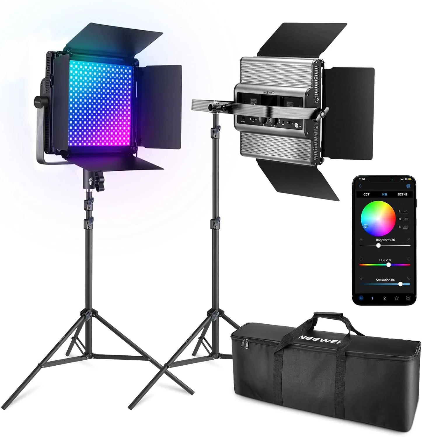نور ویدئویی LED RGB1200 نیور مدل 2 عددی با کنترل APP/2.4G، کیت نورپردازی ویدئویی عکاسی 60 واتی با پایه و کیف، 22000Lux@0.5m/1% کم نور دقیق/360° RGB/ CRI97+/2500K-8500K/18 جلوه ویژه با دوشاخه UK
