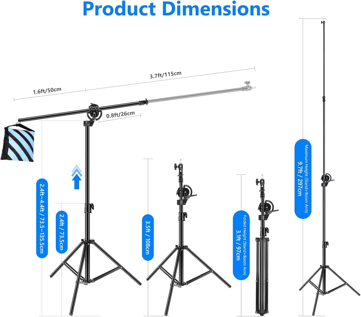Neewer 2-in-1 Photography Light Stand, Aluminum Alloy 9.7ft Heavy Duty Tripod Stand with 3.8ft Boom Arm and Empty Sandbag for Video Light, Strobe, Reflector, Softbox for Studio Photo Video Shooting Neewer 2-in-1 Photography Light Stand, Aluminum Alloy 9.7ft Heavy Duty Tripod Stand with 3.8ft Boom Arm and Empty Sandbag for Video Light, Strobe, Reflector, Softbox for Studio Photo Video Shooting