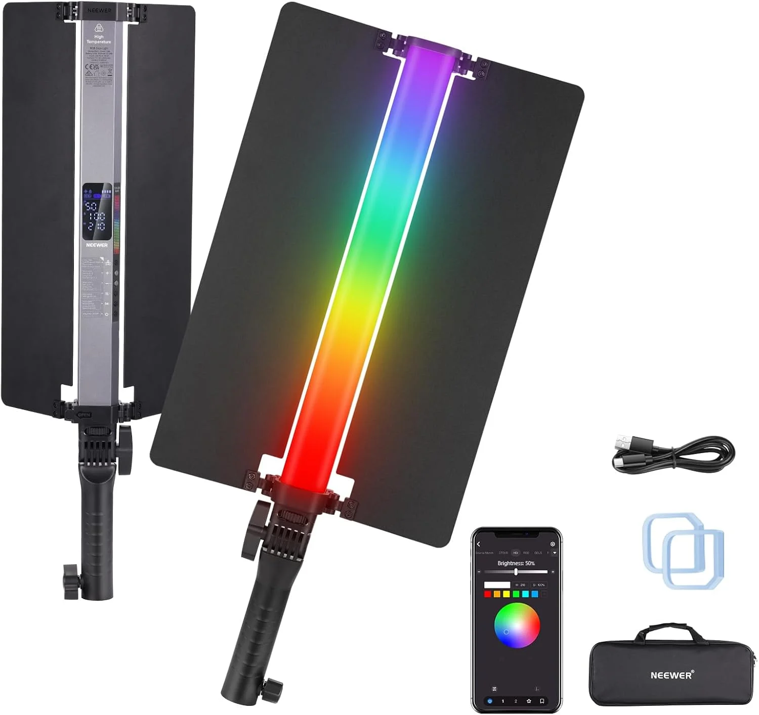 چراغ استیک تیوب LED RGB2 نیور با بارندور فلزی، دسته، نوار لمسی/کنترل APP/2.4G، چراغ ویدئویی RGB دستی مغناطیسی قابل شارژ، نورپردازی عکاسی قابل تنظیم 2500K-10000K CRI98+، 18 صحنه