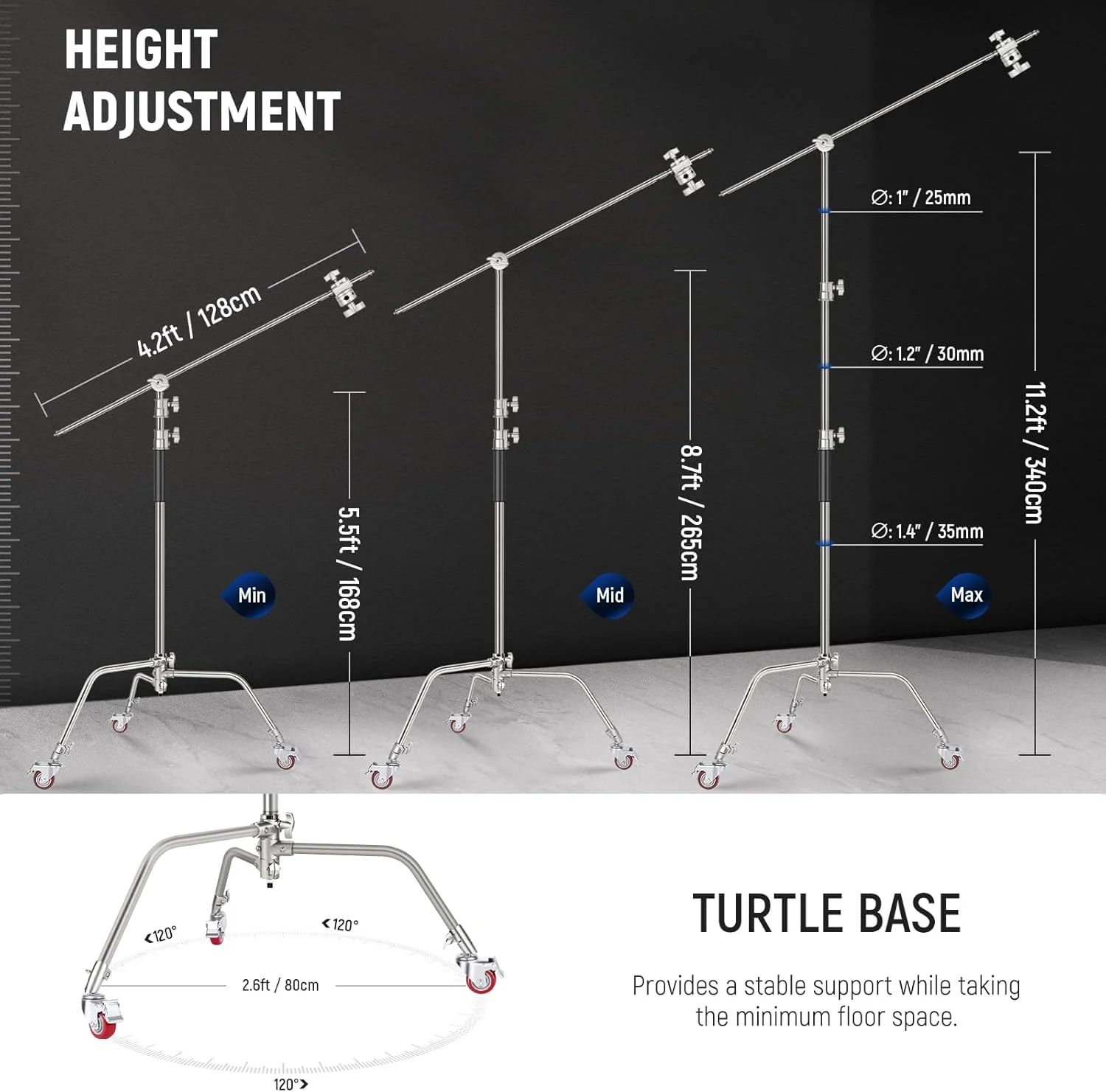 پایه نور سنگین نیور، سه پایه عکاسی فلزی قابل تنظیم 3.4 متری با بازوی بوم دارای بالشتک فنری داخلی، پیچ 1/4 اینچی برای نور LED استودیویی، دوربین DSLR، حداکثر بار: 10 کیلوگرم، مشکی پایه نور سنگین نیور، سه پایه عکاسی فلزی قابل تنظیم 3.4 متری با بازوی بوم دارای بالشتک فنری داخلی، پیچ 1/4 اینچی برای نور LED استودیویی، دوربین DSLR، حداکثر بار: 10 کیلوگرم، مشکی
