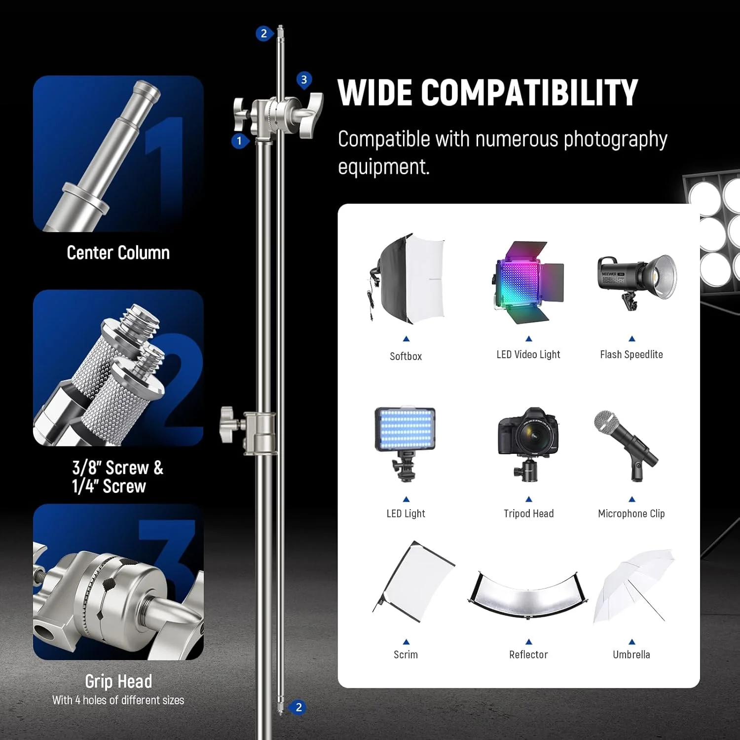 پایه نور سنگین نیور، سه پایه عکاسی فلزی قابل تنظیم 3.4 متری با بازوی بوم دارای بالشتک فنری داخلی، پیچ 1/4 اینچی برای نور LED استودیویی، دوربین DSLR، حداکثر بار: 10 کیلوگرم، مشکی پایه نور سنگین نیور، سه پایه عکاسی فلزی قابل تنظیم 3.4 متری با بازوی بوم دارای بالشتک فنری داخلی، پیچ 1/4 اینچی برای نور LED استودیویی، دوربین DSLR، حداکثر بار: 10 کیلوگرم، مشکی