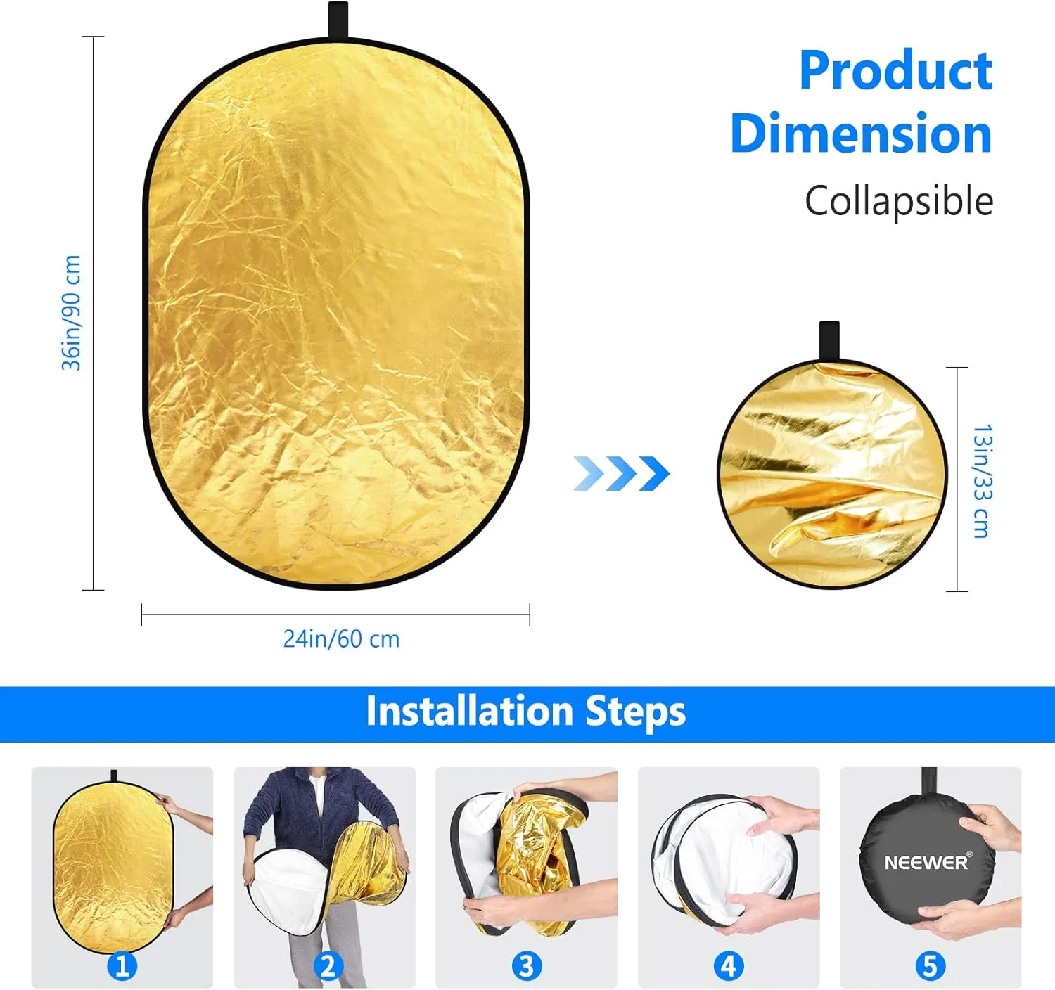 رفلکتور نورپردازی عکاسی چند منظوره 5 در 1 نیور، تاشو و قابل حمل، بیضی 60x90 سانتی متر به همراه کیف حمل برای استودیو عکاسی رفلکتور نورپردازی عکاسی چند منظوره 5 در 1 نیور، تاشو و قابل حمل، بیضی 60x90 سانتی متر به همراه کیف حمل برای استودیو عکاسی