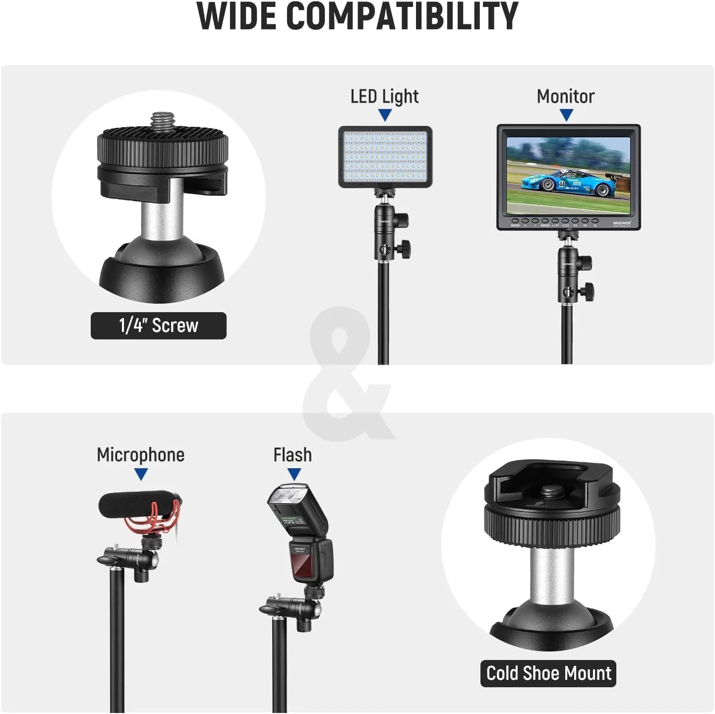 آداپتور نصب پایه نور NEEWER با کفشک سرد و سر توپی کوچک پیچ 1/4 اینچی، صفحه نصب برگشت پذیر برای مانیتور دوربین نور حلقه ای، مناسب برای پایه نور سر صاف/بازوی بوم/پایه C، حداکثر بار 10 کیلوگرم/22 پوند آداپتور نصب پایه نور NEEWER با کفشک سرد و سر توپی کوچک پیچ 1/4 اینچی، صفحه نصب برگشت پذیر برای مانیتور دوربین نور حلقه ای، مناسب برای پایه نور سر صاف/بازوی بوم/پایه C، حداکثر بار 10 کیلوگرم/22 پوند