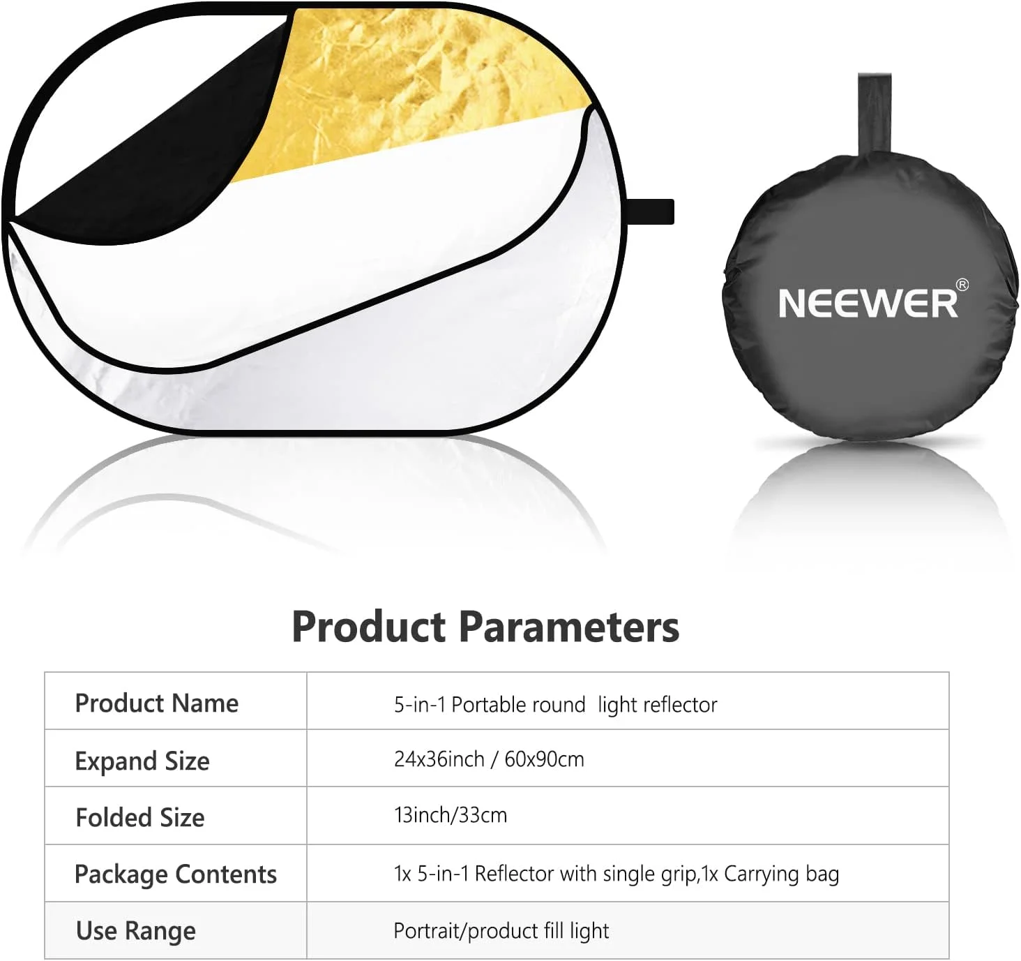 رفلکتور نورپردازی عکاسی چند منظوره 5 در 1 نیور، تاشو و قابل حمل، بیضی 60x90 سانتی متر به همراه کیف حمل برای استودیو عکاسی رفلکتور نورپردازی عکاسی چند منظوره 5 در 1 نیور، تاشو و قابل حمل، بیضی 60x90 سانتی متر به همراه کیف حمل برای استودیو عکاسی