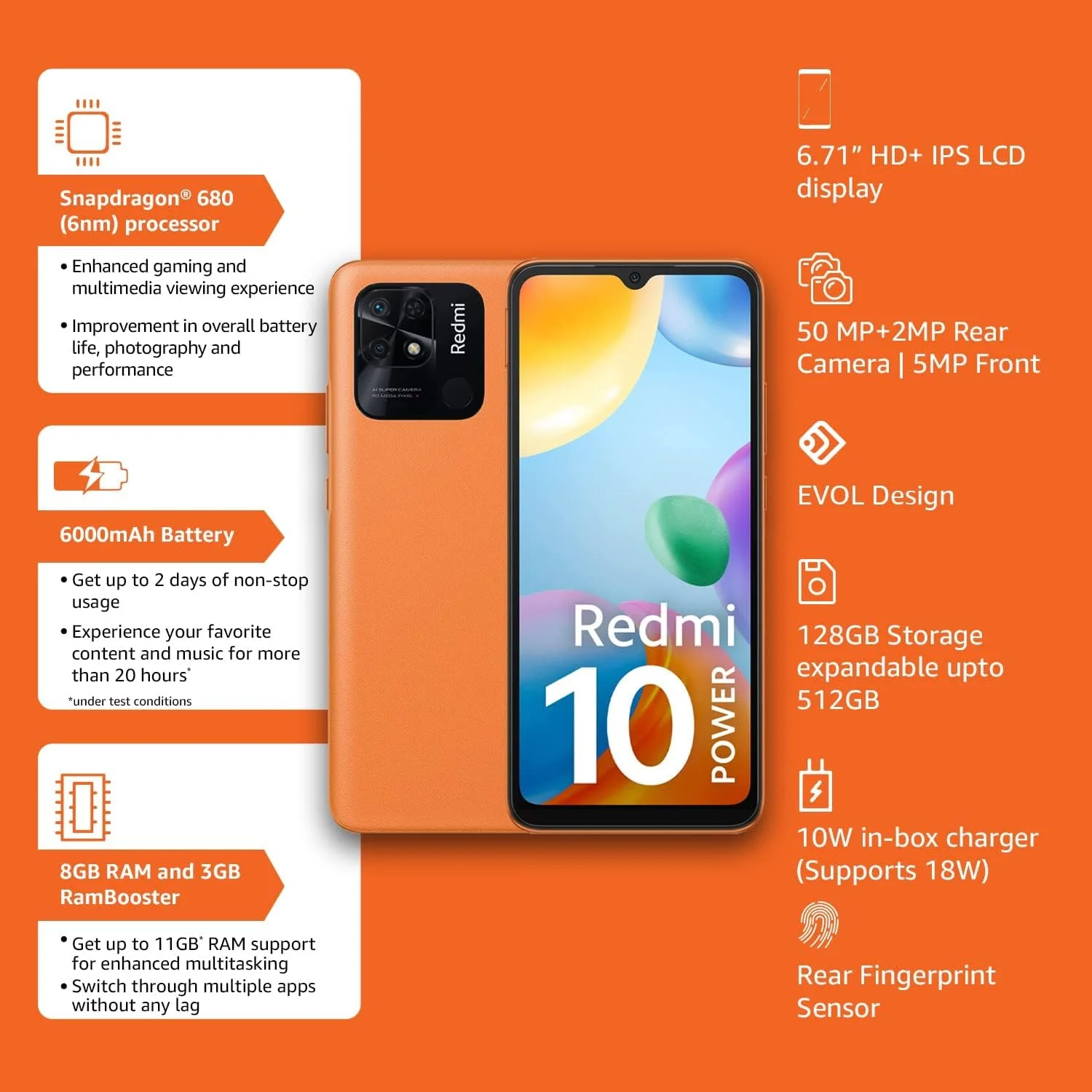 گوشی شیائومی Redmi 10 Power (نارنجی اسپرت، 8 گیگابایت رم، 128 گیگابایت حافظه داخلی)