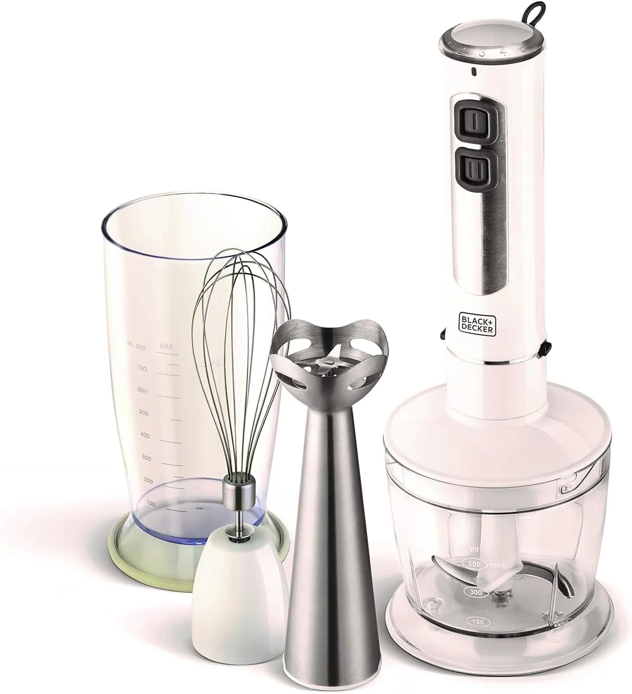 مخلوط کن دستی مشکی و دکر 400 وات 4 در 1 با میله استیل ضد زنگ، خردکن و همزن سفید SB4000-B5، 2 سال گارانتی
