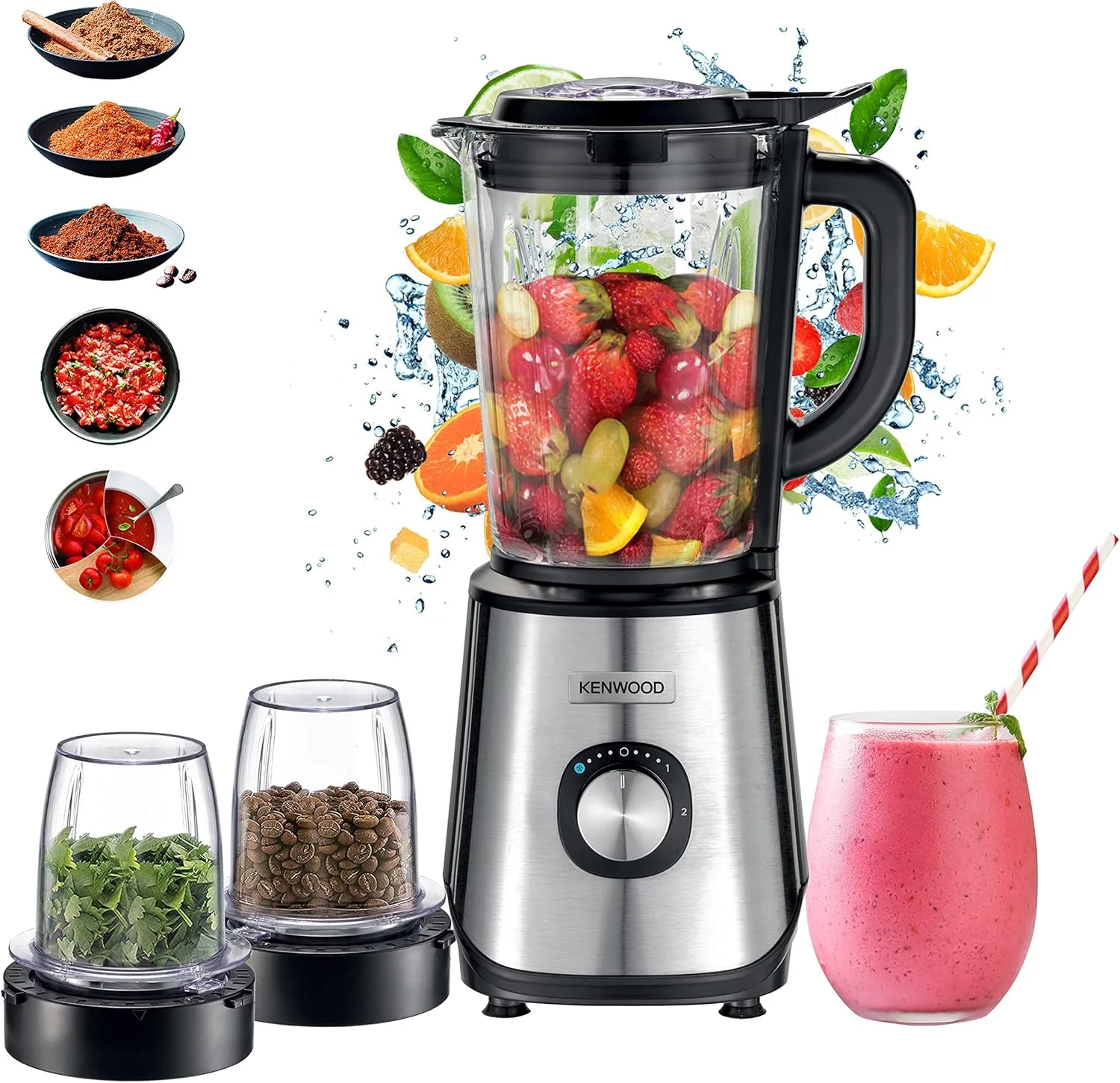 مخلوط کن شیشه ای کنوود 1000 وات، مخلوط کن قدرتمند، مخلوط کن اسموتی/اسموتی ساز 1.5 لیتری به همراه آسیاب، خردکن و عملکرد خرد کردن یخ مدل BLM45.720SS مشکی/نقره ای