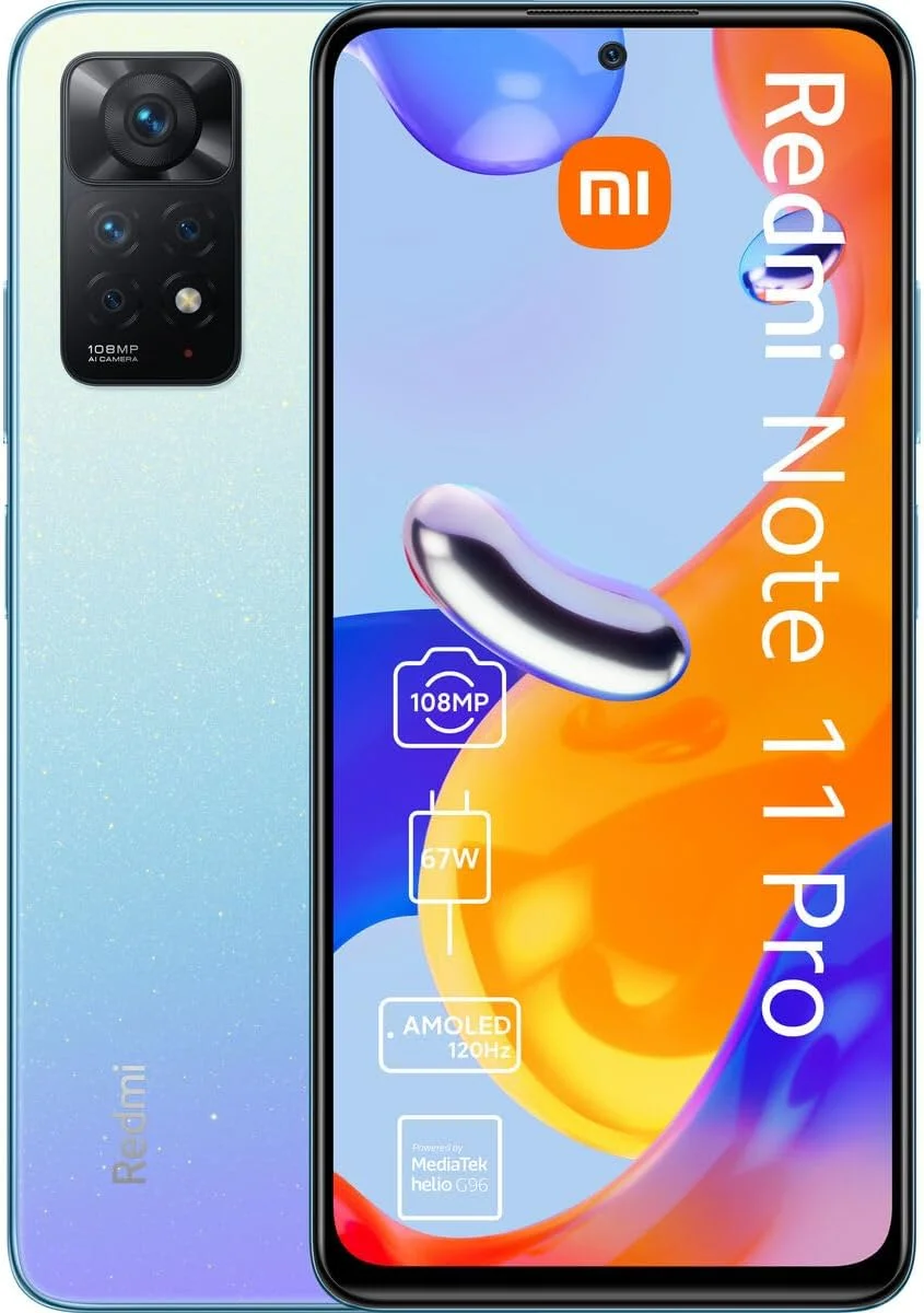 شیائومی Redmi Note 11 Pro 4G Volte 64GB + 6GB آنلاک کارخانه ای 6.67 اینچی دوربین 108 مگاپیکسلی حالت شب (غیرقابل استفاده در Verizon Sprint Boost Cricket Metro At&T) + (همراه با شارژر سریع خودرو) (آبی ستاره ای)