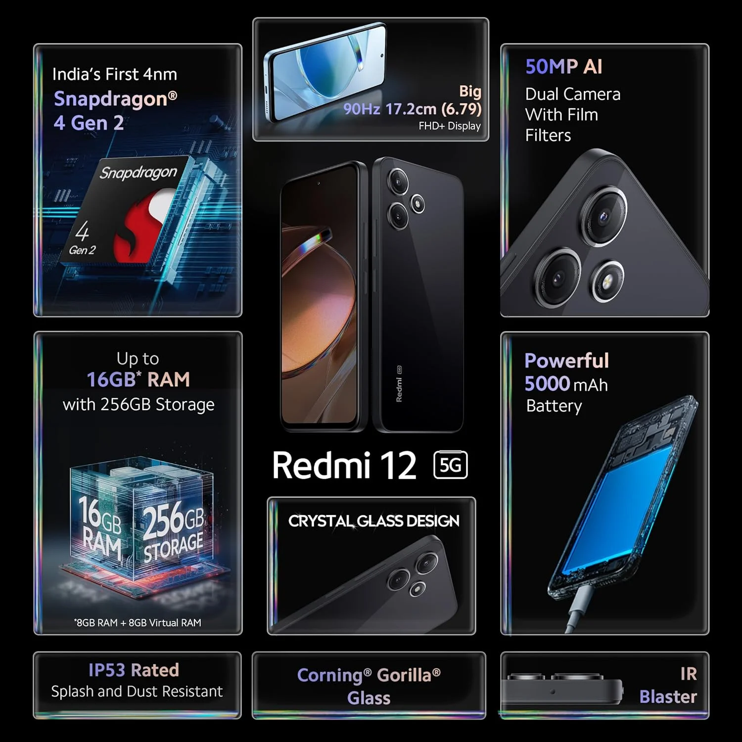 گوشی موبایل شیائومی Redmi 12 5G رنگ مشکی یشمی با 8 گیگابایت رم و 256 گیگابایت حافظه داخلی