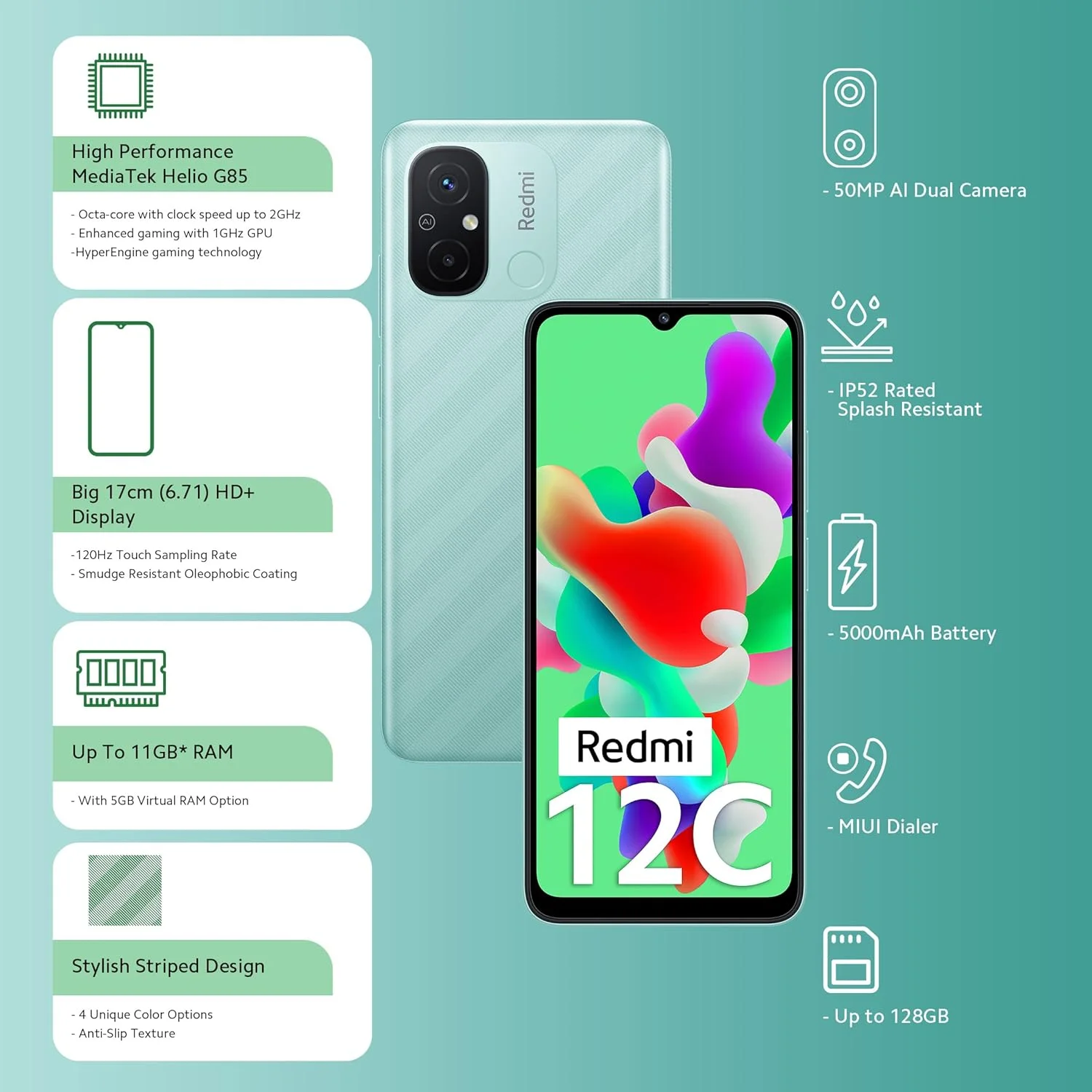 گوشی موبایل Redmi 12C (سبز نعنایی، 6 گیگابایت رم، 128 گیگابایت حافظه داخلی)