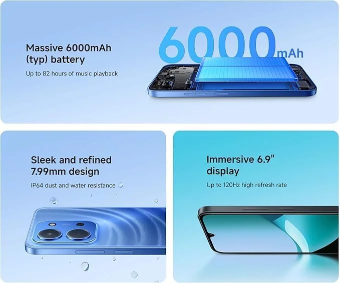 گوشی موبایل شیائومی Redmi 15C 4G آبی مهتابی 8 گیگابایت + 256 گیگابایت، باتری عظیم 6000 میلی آمپر ساعت، نمایشگر 6.9 اینچی 120 هرتز، طراحی شیک، دوربین دوگانه 50 مگاپیکسلی هوش مصنوعی، شارژ سریع 33 واتی