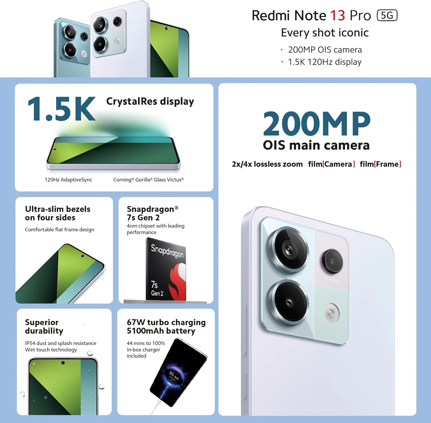 شیائومی Redmi Note 13 Pro 5G + 4G Lte (برای Tmobile Mint Tello و سراسری) (256 گیگابایت + 8 گیگابایت) 6.67 200 مگاپیکسل سه گانه باندهای سراسری آنلاک شده (مشکی نیمه شب)