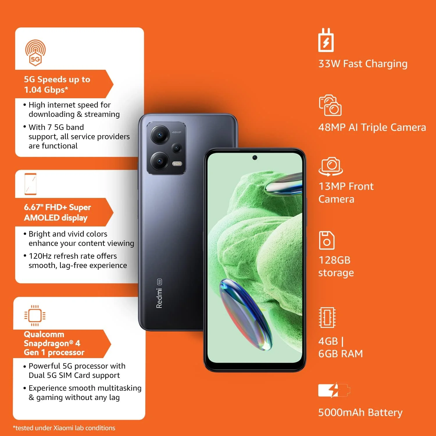 گوشی موبایل شیائومی Redmi Note 12 5G مشکی مات با 4 گیگابایت رم و 128 گیگابایت حافظه داخلی | اولین گوشی با صفحه نمایش 120 هرتز Super AMOLED و پردازنده Snapdragon® 4 Gen 1 | دوربین سه گانه 48 مگاپیکسلی AI