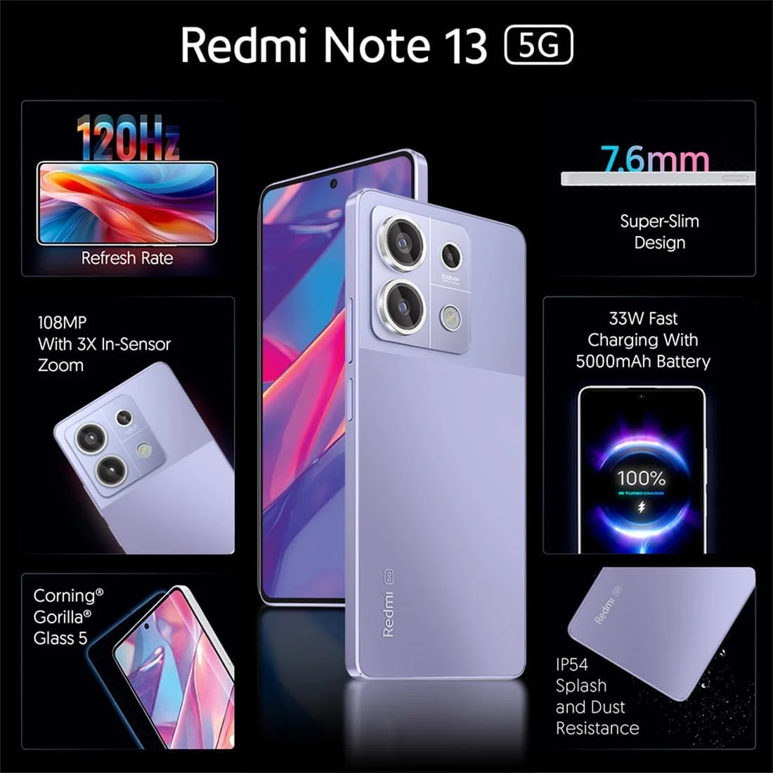 گوشی موبایل شیائومی Redmi Note 13 5G (بنفش کروماتیک، 8 گیگابایت رم، 256 گیگابایت حافظه داخلی) | آماده برای 5G | صفحه نمایش AMOLED بدون حاشیه 120 هرتز | باریک ترین نوت تا کنون با ضخامت 7.6 میلی متر | دوربین 108 مگاپیکسلی حرفه ای