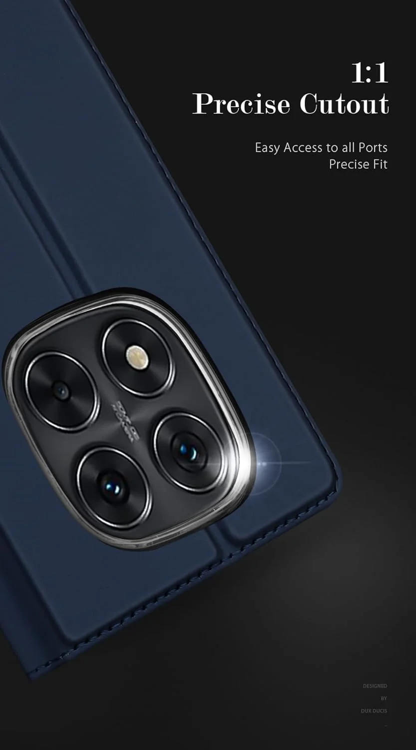 کیف چرمی سری Skin Pro DUX DUCIS برای گوشی شیائومی Redmi Note 14 Pro 5G - کیف پول چرمی باریک با جای کارت، قفل مغناطیسی، عملکرد استند و محافظت ضد ضربه - آبی