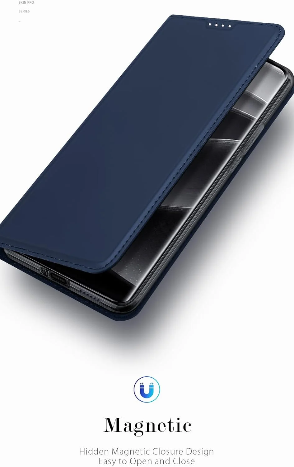 کیف چرمی سری Skin Pro DUX DUCIS برای گوشی شیائومی Redmi Note 14 Pro 5G - کیف پول چرمی باریک با جای کارت، قفل مغناطیسی، عملکرد استند و محافظت ضد ضربه - آبی