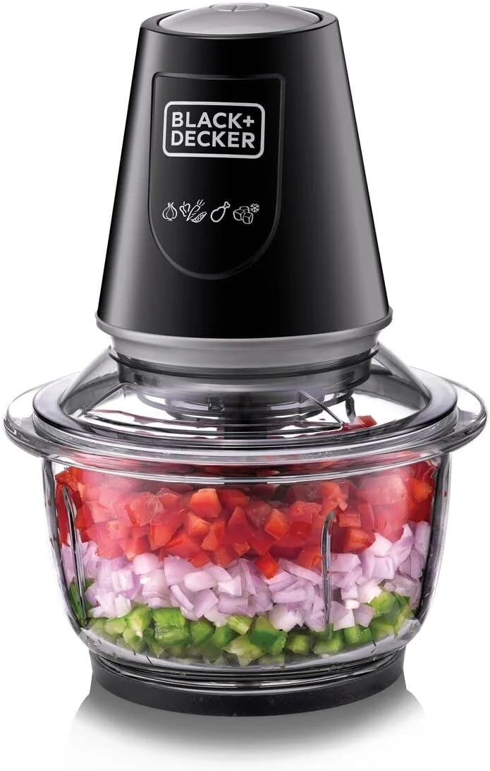 خردکن و آسیاب شیشه ای چند منظوره BLACK+DECKER، 400 وات، کاسه XXL 1.2 لیتری، سیستم 4 تیغه، سرعت پالس برای دقت، خرد کردن یخ، طراحی مشکی جمع و جور و شیک، تمیز کردن آسان، مشکی - GC400-B5