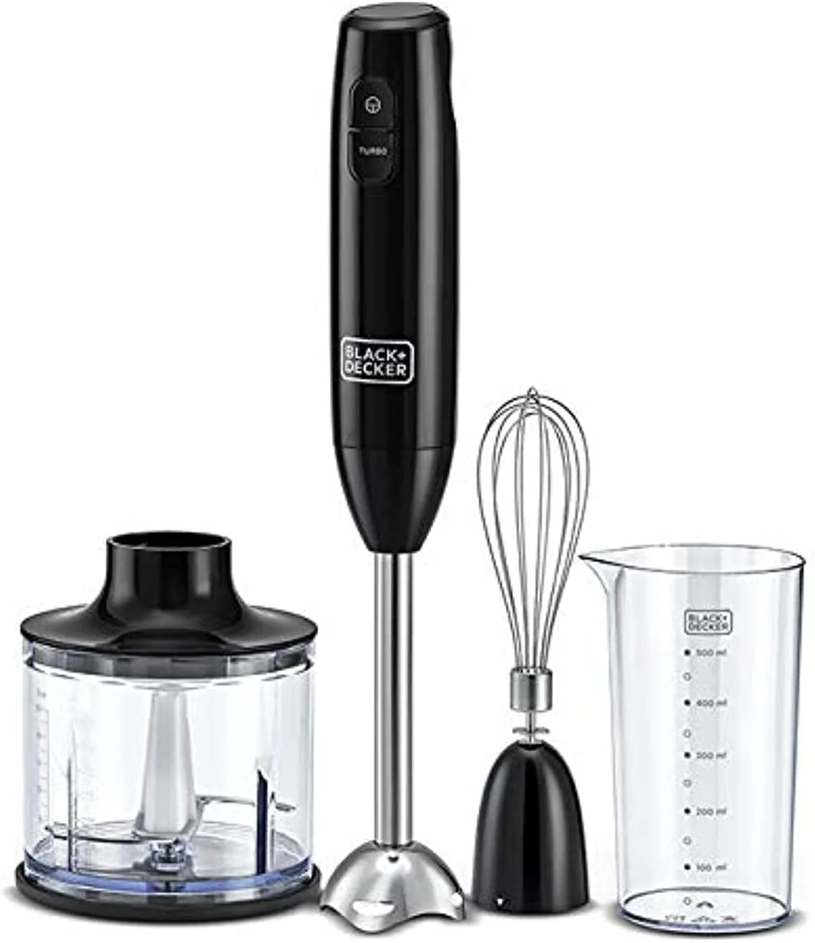 مخلوط کن دستی BLACK+DECKER، 600 وات، کاسه خردکن 600 میلی لیتر، بشر 500 میلی لیتر، تیغه های استیل ضد زنگ، سرعت دوگانه، عملکرد 3 در 1، ضد لغزش، ایده آل برای مخلوط کردن، خرد کردن، هم زدن، مشکی - HB600-B5