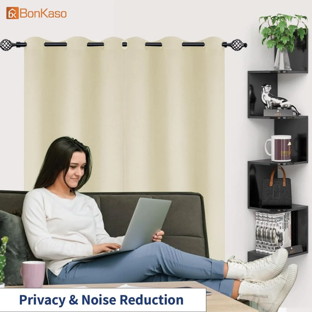 پرده های خاموشی Bonkaso برای اتاق خواب و اتاق نشیمن، پرده های حرارتی عایق کننده و مسدود کننده نور اتاق با حلقه های فلزی، پرده های مسدود کننده صدا و نور خورشید، مجموعه 2 عددی (180 طول x 132 عرض سانتی متر، بژ)
