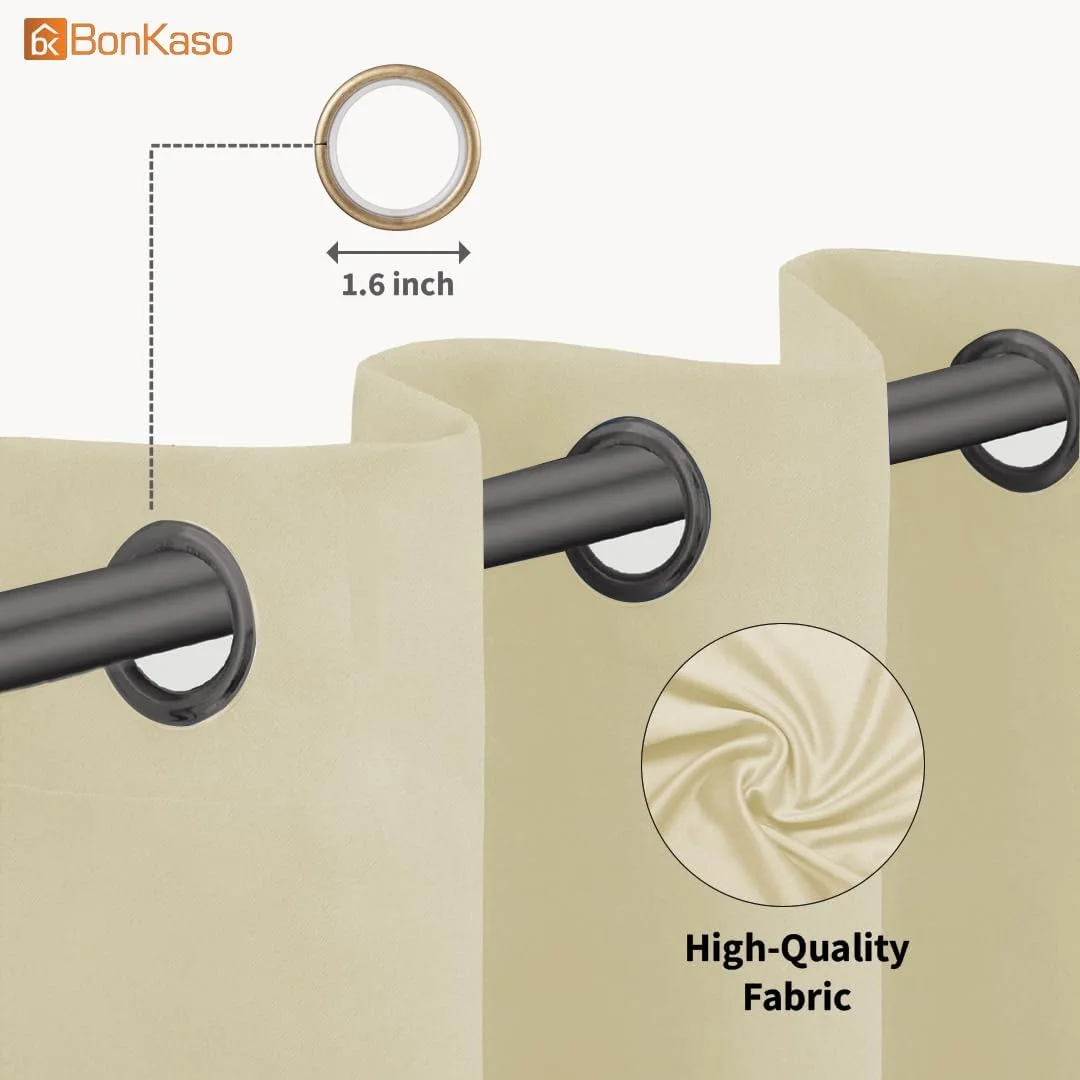 پرده های خاموشی Bonkaso برای اتاق خواب و اتاق نشیمن، پرده های حرارتی عایق کننده و مسدود کننده نور اتاق با حلقه های فلزی، پرده های مسدود کننده صدا و نور خورشید، مجموعه 2 عددی (180 طول x 132 عرض سانتی متر، بژ)