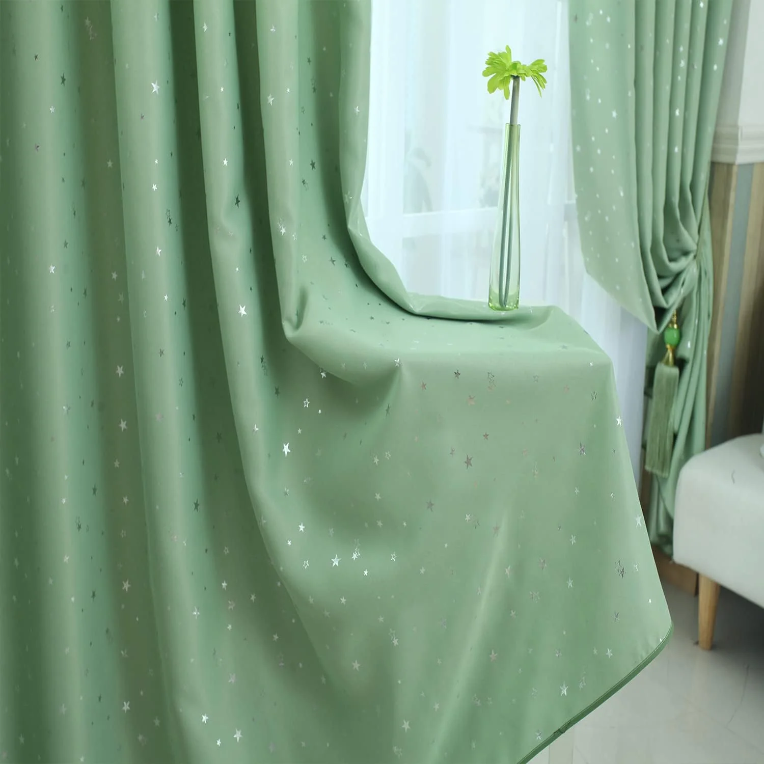 پرده های خاموشی کودکانه، 1 عدد پنل 100% ستاره ای با حلقه های فلزی، پرده های عایق حرارتی برای مسدود کردن نور، پرده های چاپی تیره کننده برای اتاق نشیمن اتاق خواب (200x270 سانتی متر، سبز)