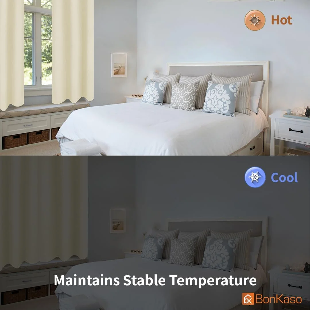 پرده های خاموشی Bonkaso برای اتاق خواب و اتاق نشیمن، پرده های حرارتی عایق کننده و مسدود کننده نور اتاق با حلقه های فلزی، پرده های مسدود کننده صدا و نور خورشید، مجموعه 2 عددی (180 طول x 132 عرض سانتی متر، بژ)