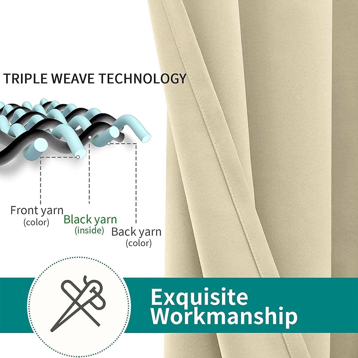 پرده خاموشی، 140x240 سانتی متر طول، مجموعه 2 پانل، پرده خاموشی حرارتی عایق دار با حلقه برای اتاق خواب، اتاق نشیمن، بژ