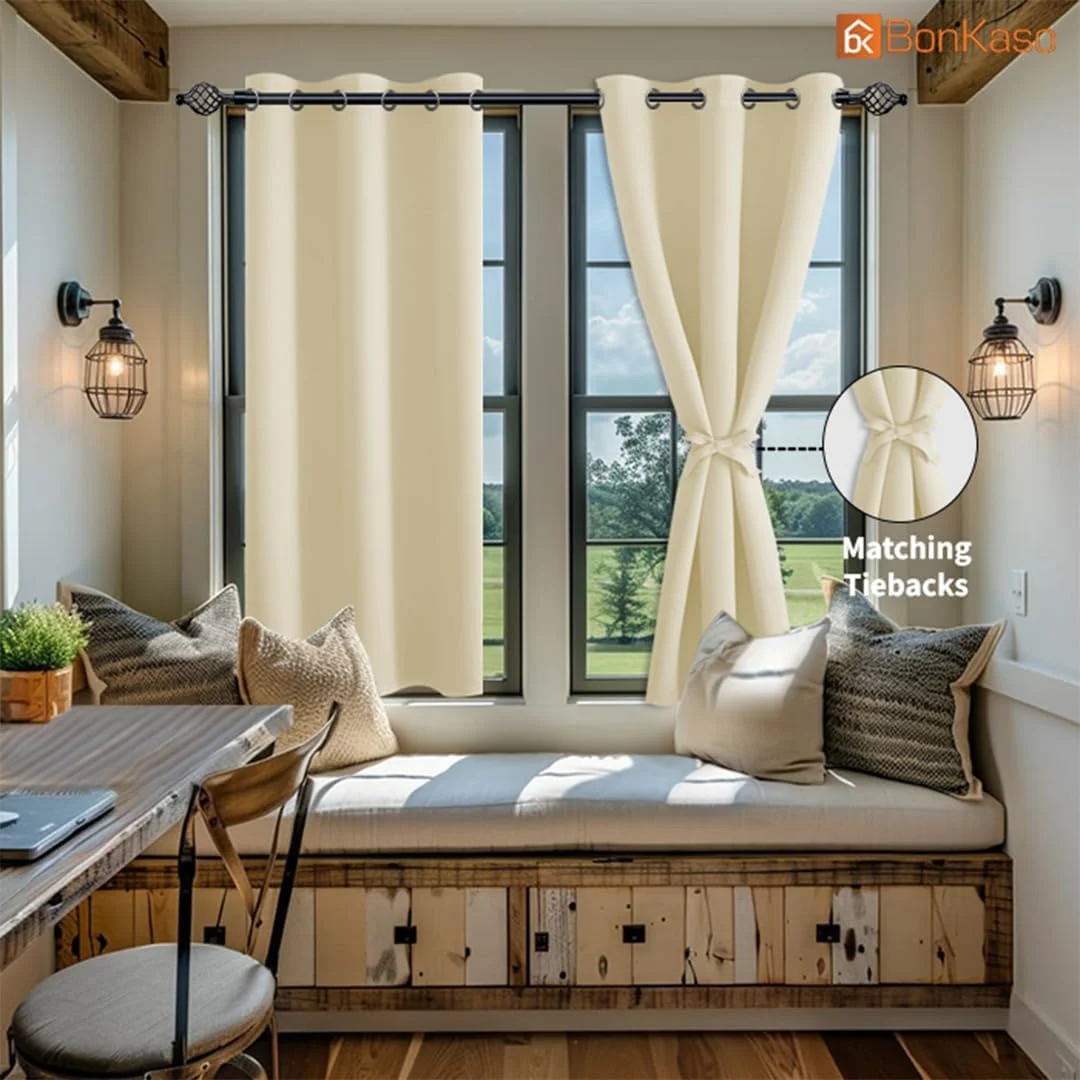 پرده های خاموشی Bonkaso برای اتاق خواب و اتاق نشیمن، پرده های حرارتی عایق کننده و مسدود کننده نور اتاق با حلقه های فلزی، پرده های مسدود کننده صدا و نور خورشید، مجموعه 2 عددی (180 طول x 132 عرض سانتی متر، بژ)