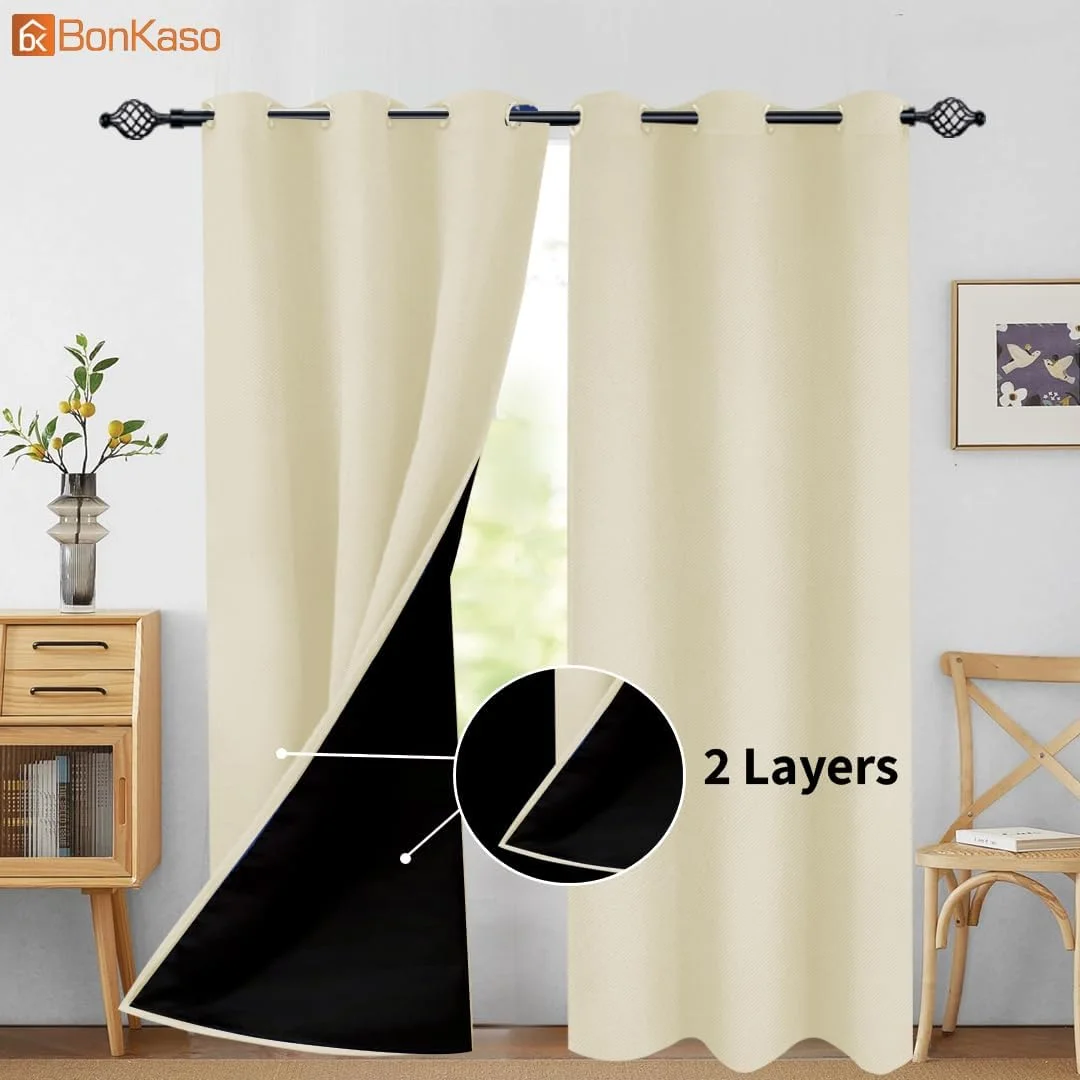 پرده های خاموشی Bonkaso برای اتاق خواب و اتاق نشیمن، پرده های حرارتی عایق کننده و مسدود کننده نور اتاق با حلقه های فلزی، پرده های مسدود کننده صدا و نور خورشید، مجموعه 2 عددی (180 طول x 132 عرض سانتی متر، بژ)