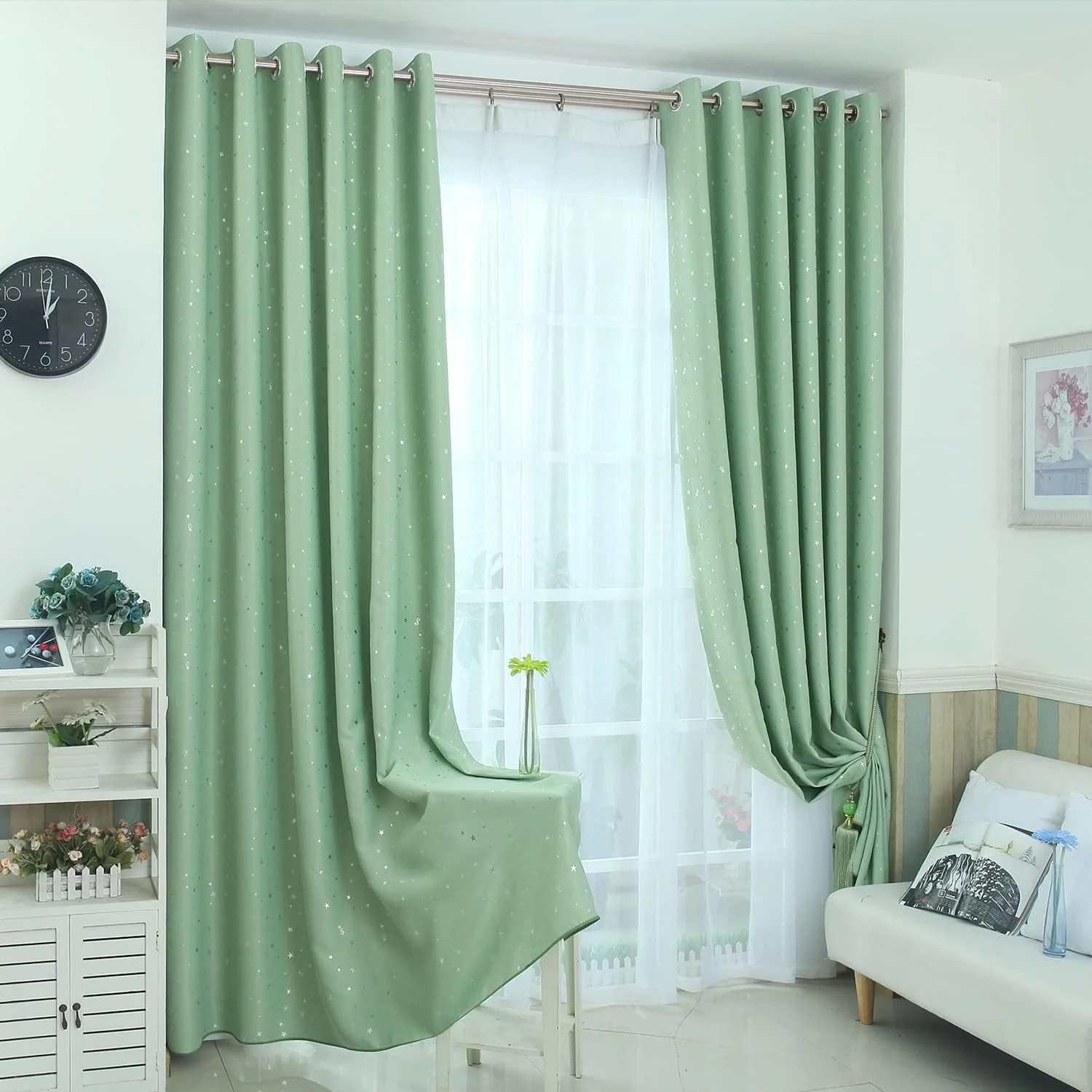 پرده های خاموشی کودکانه، 1 عدد پنل 100% ستاره ای با حلقه های فلزی، پرده های عایق حرارتی برای مسدود کردن نور، پرده های چاپی تیره کننده برای اتاق نشیمن اتاق خواب (200x270 سانتی متر، سبز)