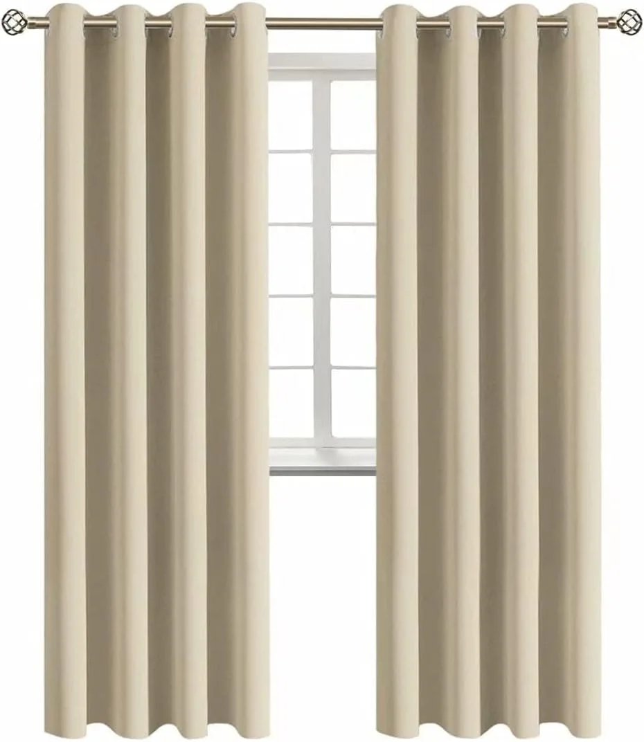 پرده خاموشی، 140x240 سانتی متر طول، مجموعه 2 پانل، پرده خاموشی حرارتی عایق دار با حلقه برای اتاق خواب، اتاق نشیمن، بژ