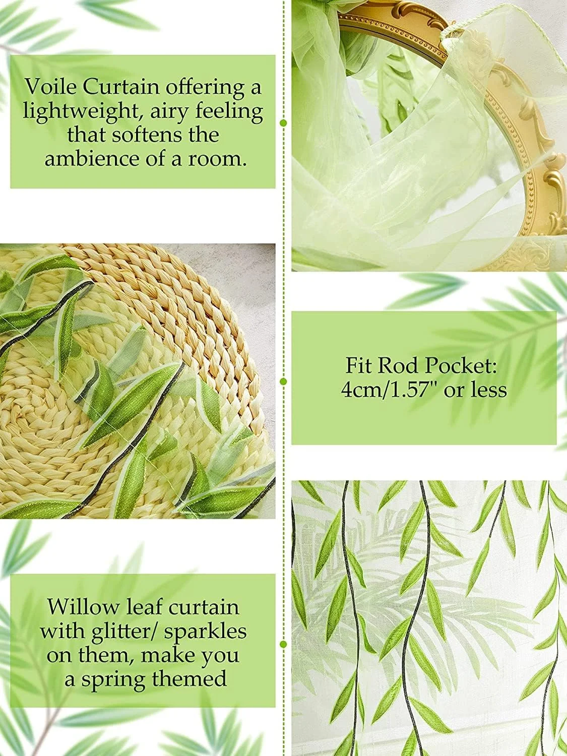 پرده‌های حریر سبز 99 در 269 سانتی‌متر، 2 عدد، پرده‌های نیمه حریر توری، پرده توری بید گیاهی برای اتاق نشیمن، بالکن، گلخانه، درب کمد، سبز روشن