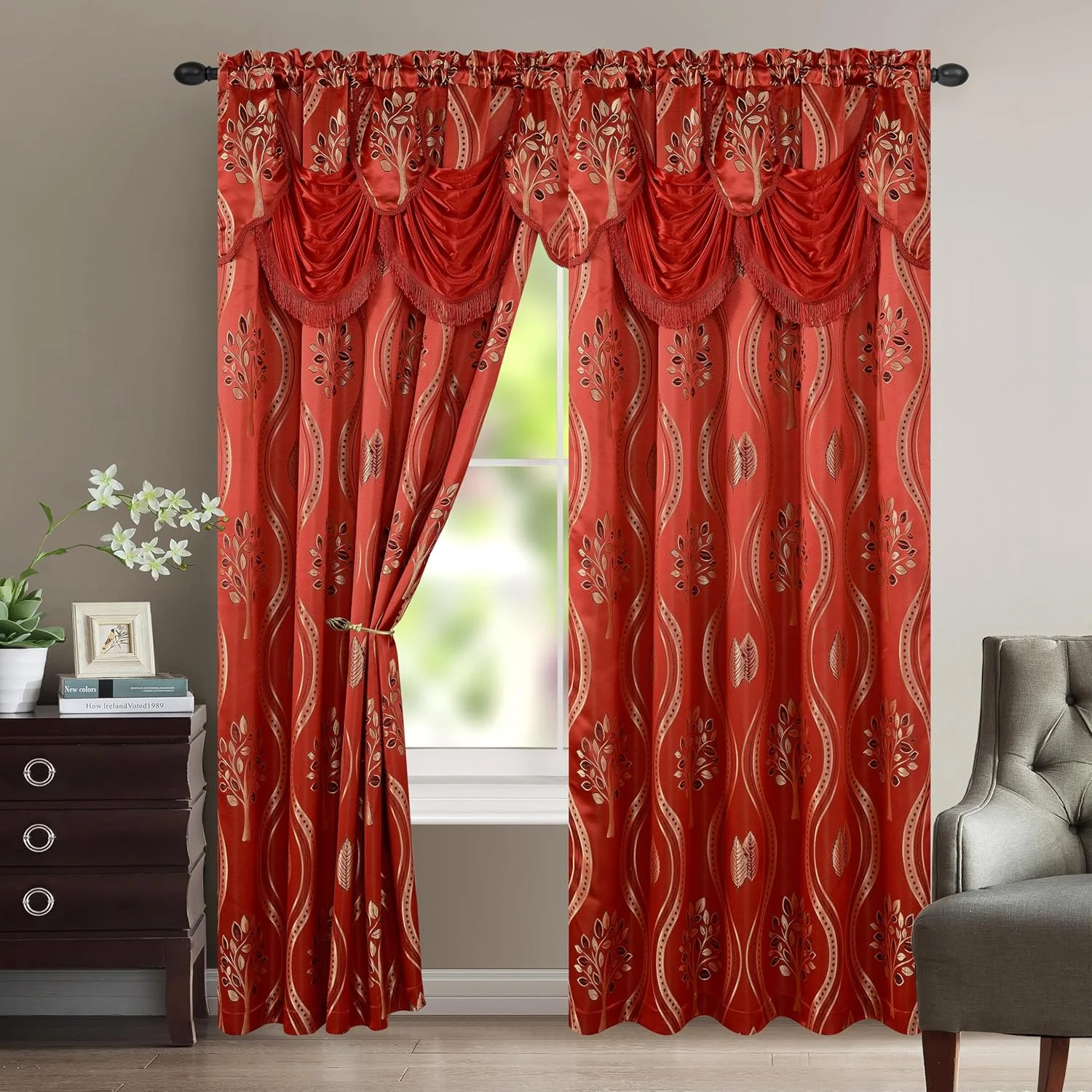 ست دو عددی پرده لوکس و زیبای Elegant Comfort با والان و آستر متصل، سایز 54 در 84 اینچ، قرمز