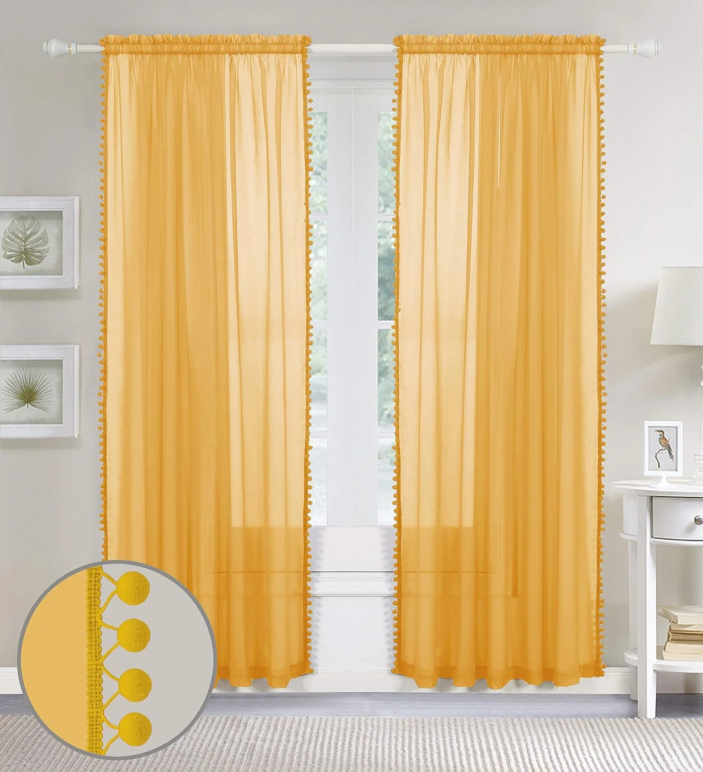 پرده های حریر نیمه شفاف با منگوله های پوم پوم Elegant Comfort - ست 2 پنل - دارای جیب میله 2 اینچی - پرده های حریر یکدست برای اتاق نشیمن، اتاق خواب، عرض 152 X طول 213 سانتی متر، زرد نئونی پرده های حریر نیمه شفاف با منگوله های پوم پوم Elegant Comfort - ست 2 پنل - دارای جیب میله 2 اینچی - پرده های حریر یکدست برای اتاق نشیمن، اتاق خواب، عرض 152 X طول 213 سانتی متر، زرد نئونی