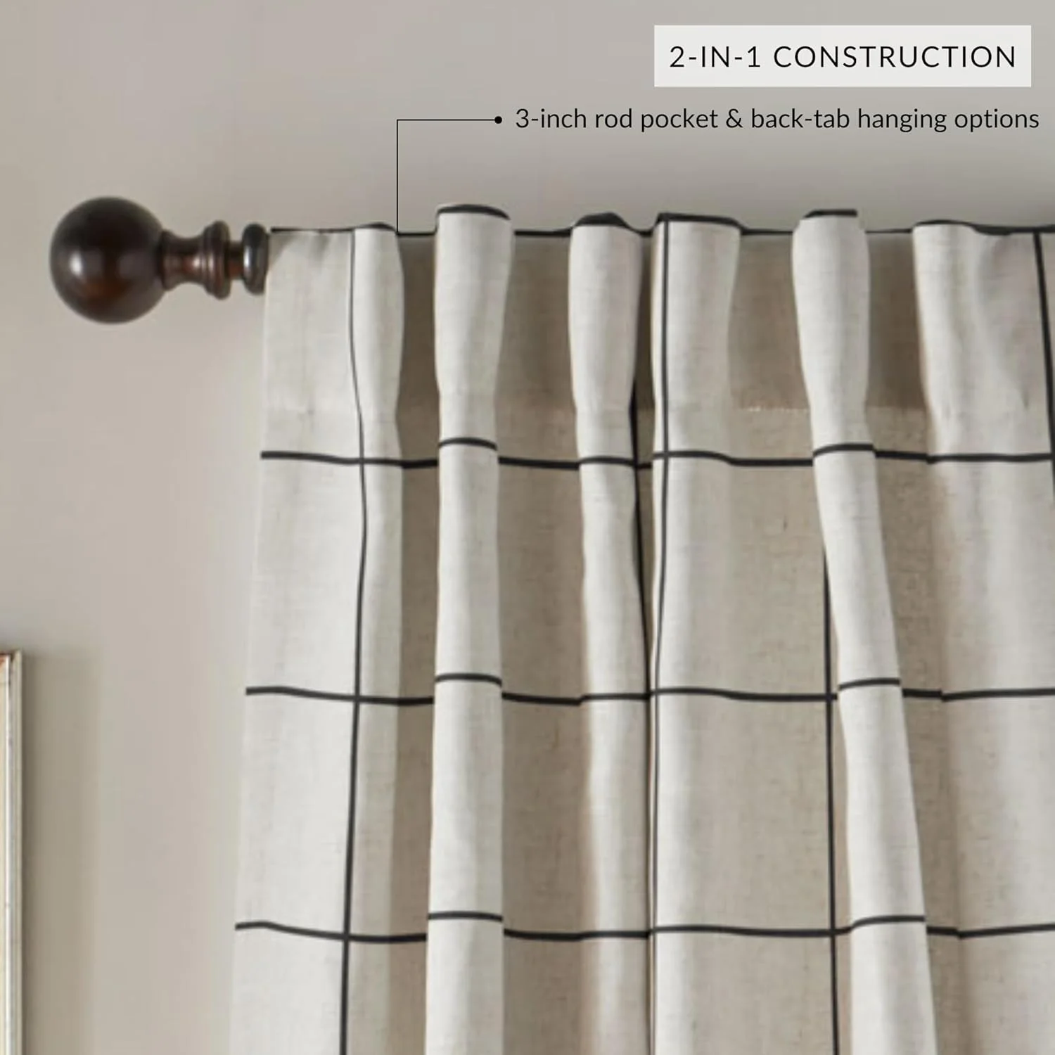 Elrene Home Fashions Brighton Windowpane Plaid Blackout Window Curtain, Living Room and Bedroom Drape with Rod Pocket Tabs, 52" x 95", Black, 1 Panel Elrene Home Fashions Brighton Windowpane Plaid Blackout Window Curtain, Living Room and Bedroom Drape with Rod Pocket Tabs, 52" x 95", Black, 1 Panel