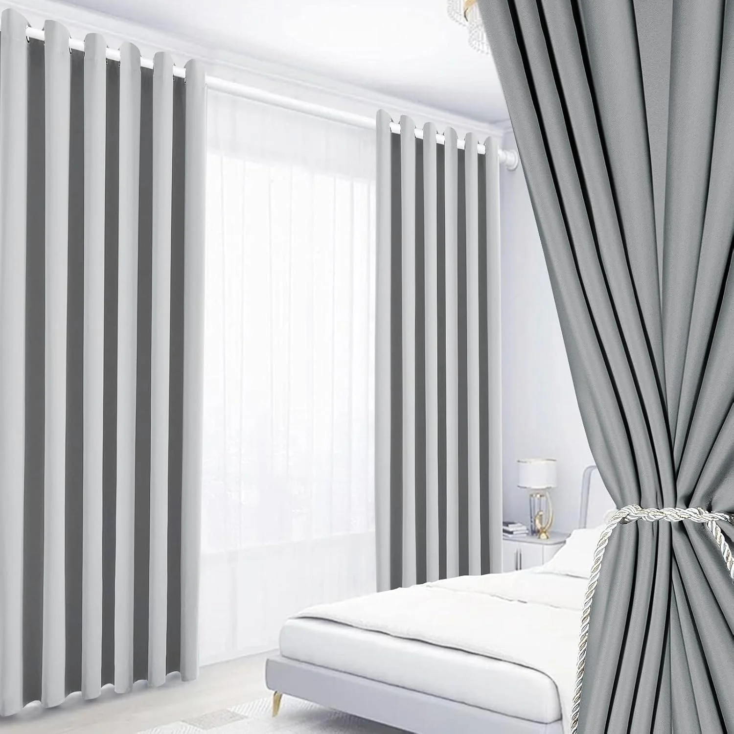 پرده های خاموشی هاهامیا برای اتاق خواب و اتاق نشیمن - مجموعه 2 پانل پرده های عایق حرارتی تیره کننده اتاق، پرده های پنجره ای پانچ شده (خاکستری روشن، عرض 150 x ارتفاع 270 سانتی متر، 2 عدد)