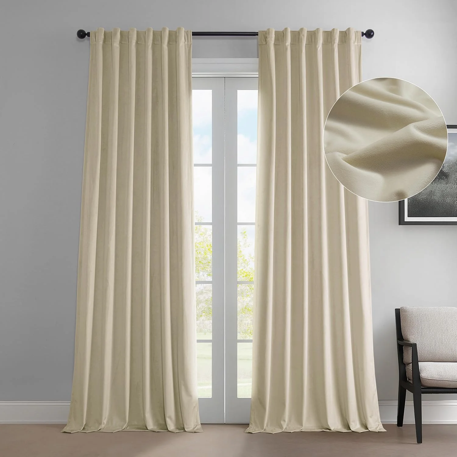 پرده های مخمل Heritage Plush HPD با تخفیف نصف قیمت، طول 244 سانتی متر، پرده های تاریک کننده اتاق برای اتاق خواب و اتاق نشیمن، 50 عرض × 96 طول (1 پنل)، کرم Au Lait