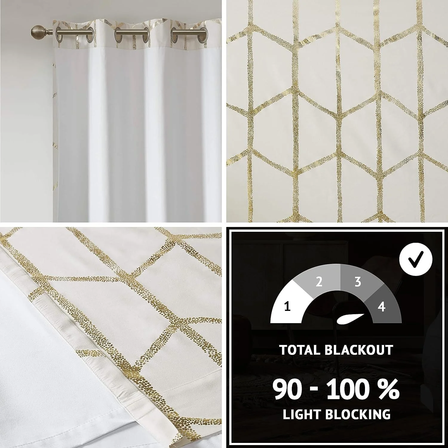 پنل پرده تکی طرحدار متالیک خاموشی کامل Intelligent Design Raina با حلقه، عایق حرارتی و مسدود کننده نور برای اتاق خواب، اتاق نشیمن و خوابگاه، 50x84، عاجی/طلایی 1 عدد پنل پرده تکی طرحدار متالیک خاموشی کامل Intelligent Design Raina با حلقه، عایق حرارتی و مسدود کننده نور برای اتاق خواب، اتاق نشیمن و خوابگاه، 50x84، عاجی/طلایی 1 عدد