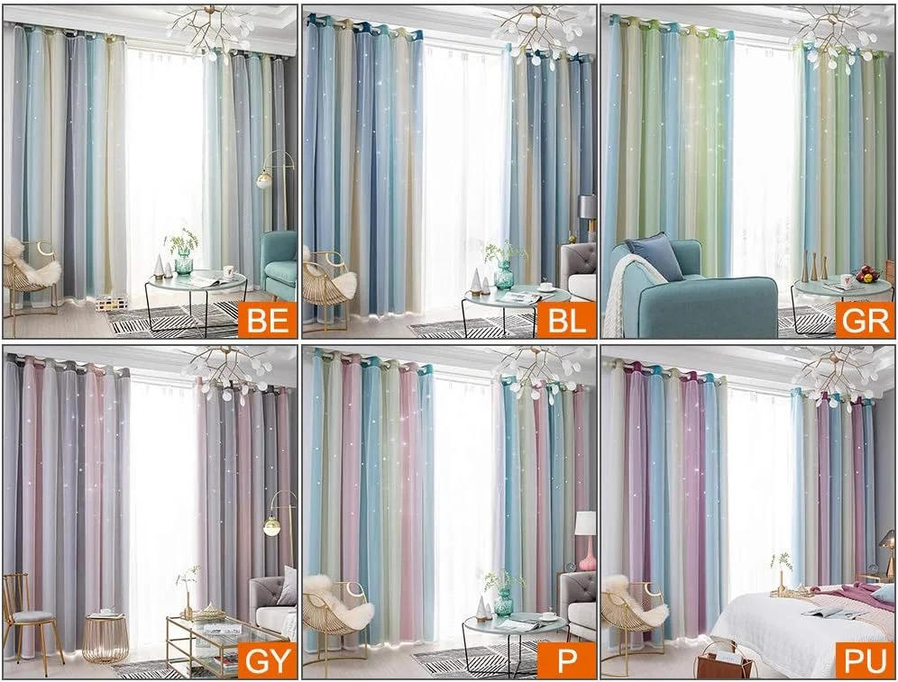 پرده ستاره ای Irfora، پرده های خاموشی ستاره ای برای اتاق خواب دخترانه و اتاق نشیمن، پرده های پنجره ای ستاره ای دو لایه رنگارنگ، 1 عدد (53 اینچ)